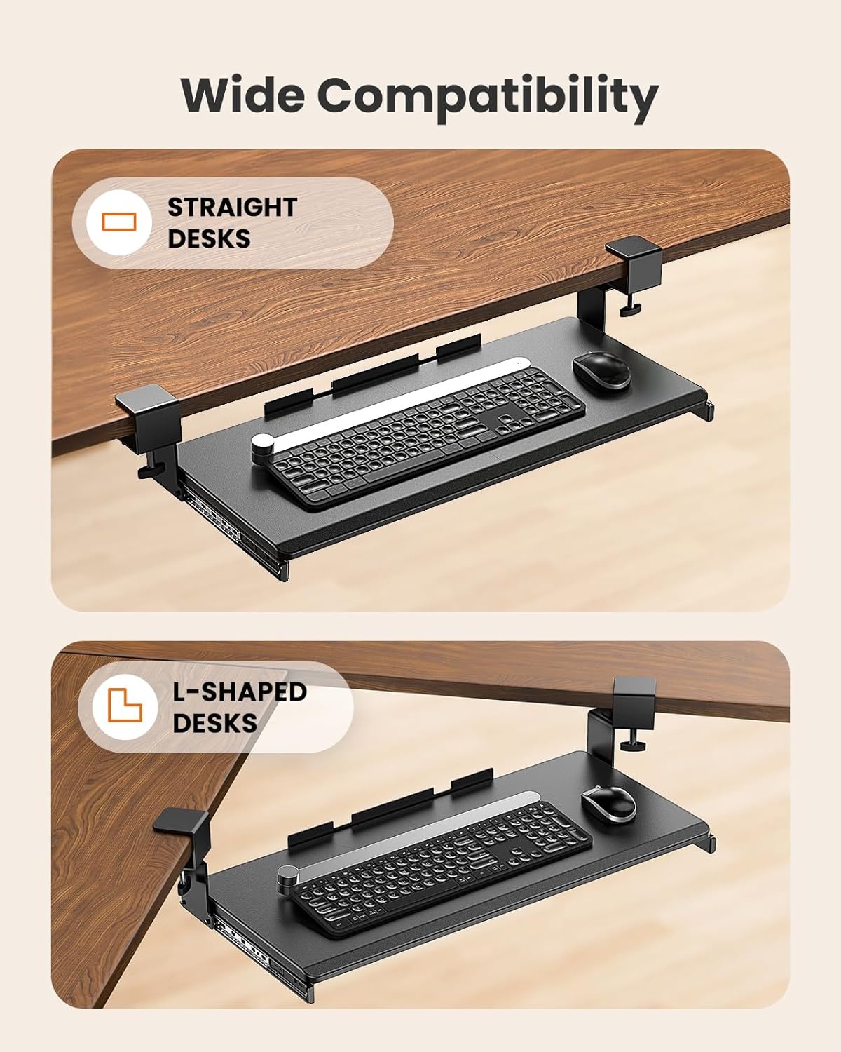 image:imageErgear ErGear Keyboard Tray Under Desk Corner Keyboard Tray with 45 Adjustable C Clamp for L Shaped Desk Computer Keyboard amp Mouse Tray Smooth Slide Out for Typing 2638 W x 1161 D Black