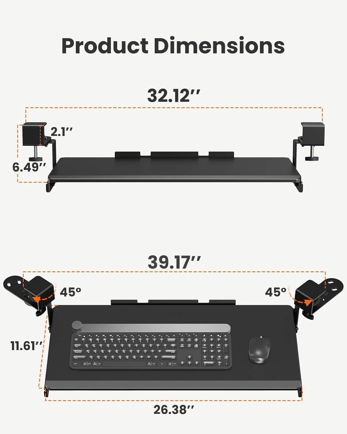 image:imageErgear ErGear Keyboard Tray Under Desk Corner Keyboard Tray with 45 Adjustable C Clamp for L Shaped Desk Computer Keyboard amp Mouse Tray Smooth Slide Out for Typing 2638 W x 1161 D Black