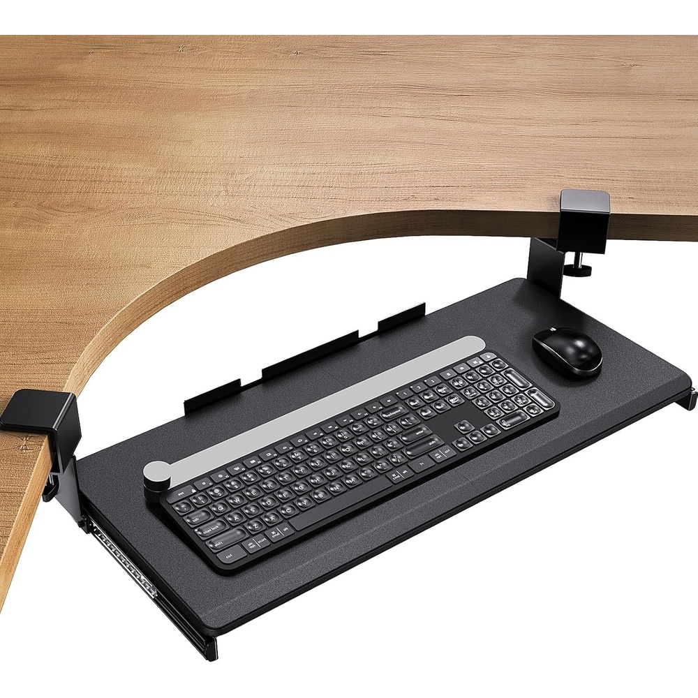 image:imageErgear ErGear Keyboard Tray Under Desk Corner Keyboard Tray with 45 Adjustable C Clamp for L Shaped Desk Computer Keyboard amp Mouse Tray Smooth Slide Out for Typing 2638 W x 1161 D Black