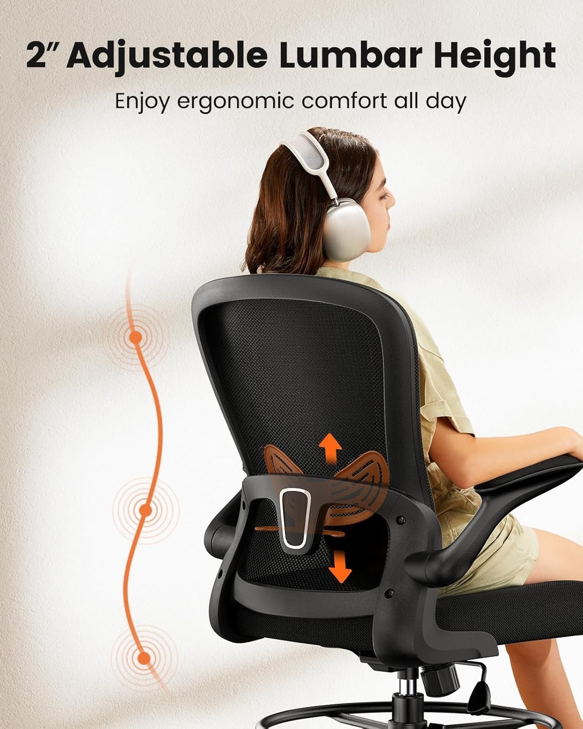 image:imageErGear Drafting Chair Standing Desk Chair with FlipUp Armrests High Desk Chair Adjustable Height Ergonomic Tall Office Chair with Lumbar Support and Adjustable Footrest RingBlack