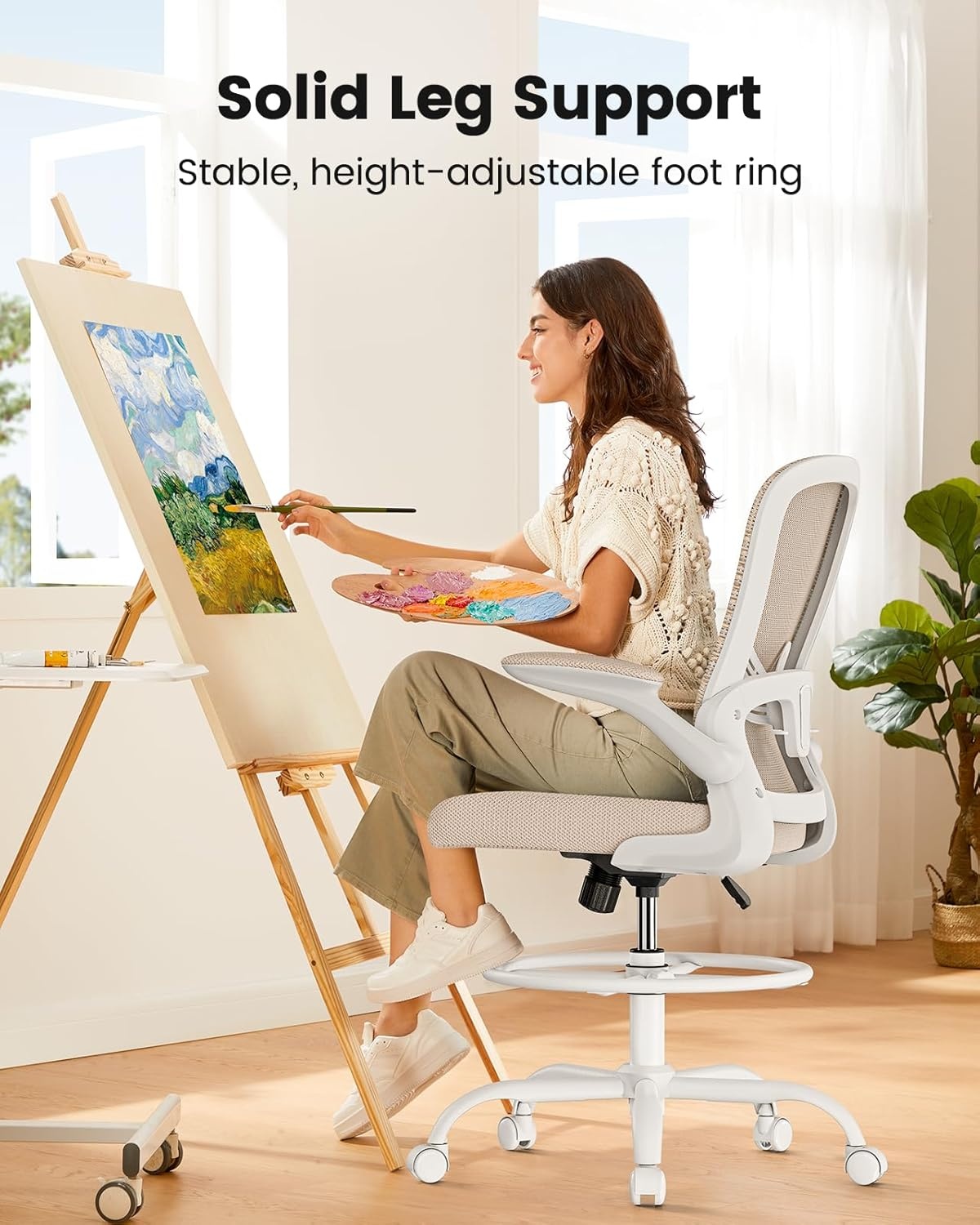 image:imageErGear Drafting Chair Standing Desk Chair with FlipUp Armrests High Desk Chair Adjustable Height Ergonomic Tall Office Chair with Lumbar Support and Adjustable Footrest RingKhaki