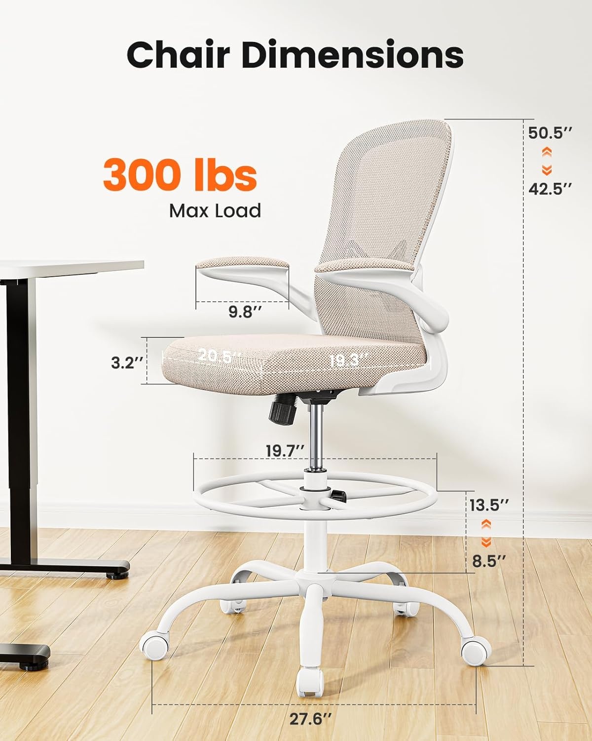 image:imageErGear Drafting Chair Standing Desk Chair with FlipUp Armrests High Desk Chair Adjustable Height Ergonomic Tall Office Chair with Lumbar Support and Adjustable Footrest RingKhaki