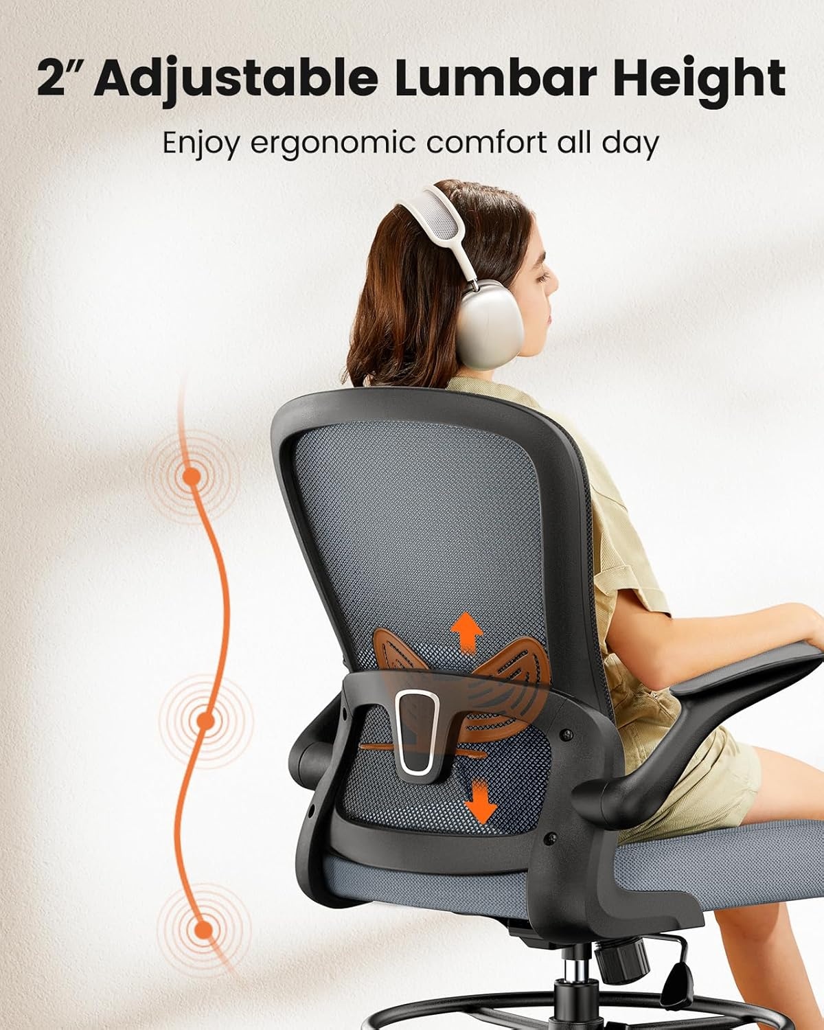 image:imageErGear Drafting Chair Standing Desk Chair with FlipUp Armrests High Desk Chair Adjustable Height Ergonomic Tall Office Chair with Lumbar Support and Adjustable Footrest RingBlue