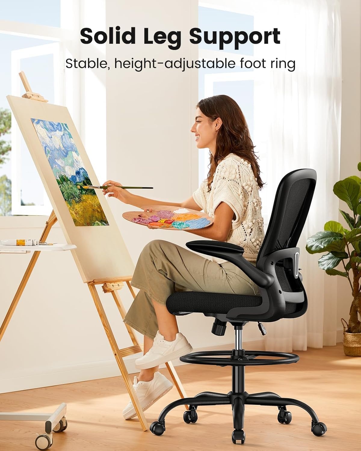 image:imageErGear Drafting Chair Standing Desk Chair with FlipUp Armrests High Desk Chair Adjustable Height Ergonomic Tall Office Chair with Lumbar Support and Adjustable Footrest RingBlack