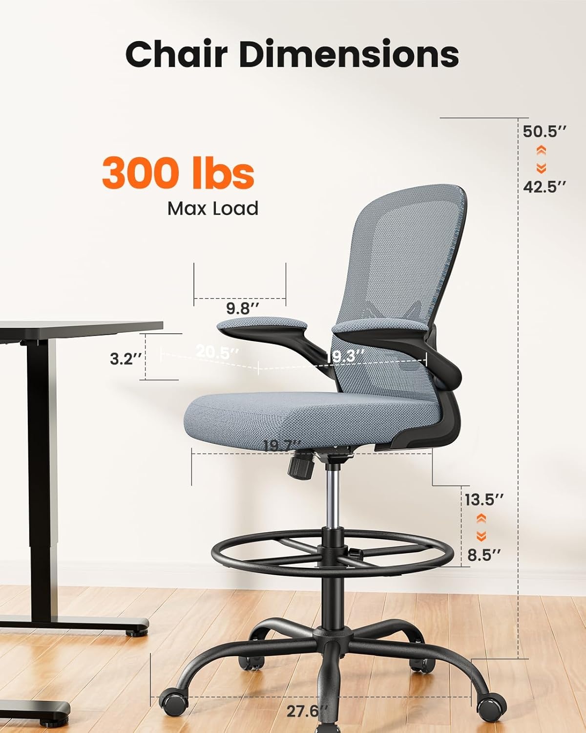 image:imageErGear Drafting Chair Standing Desk Chair with FlipUp Armrests High Desk Chair Adjustable Height Ergonomic Tall Office Chair with Lumbar Support and Adjustable Footrest RingBlue
