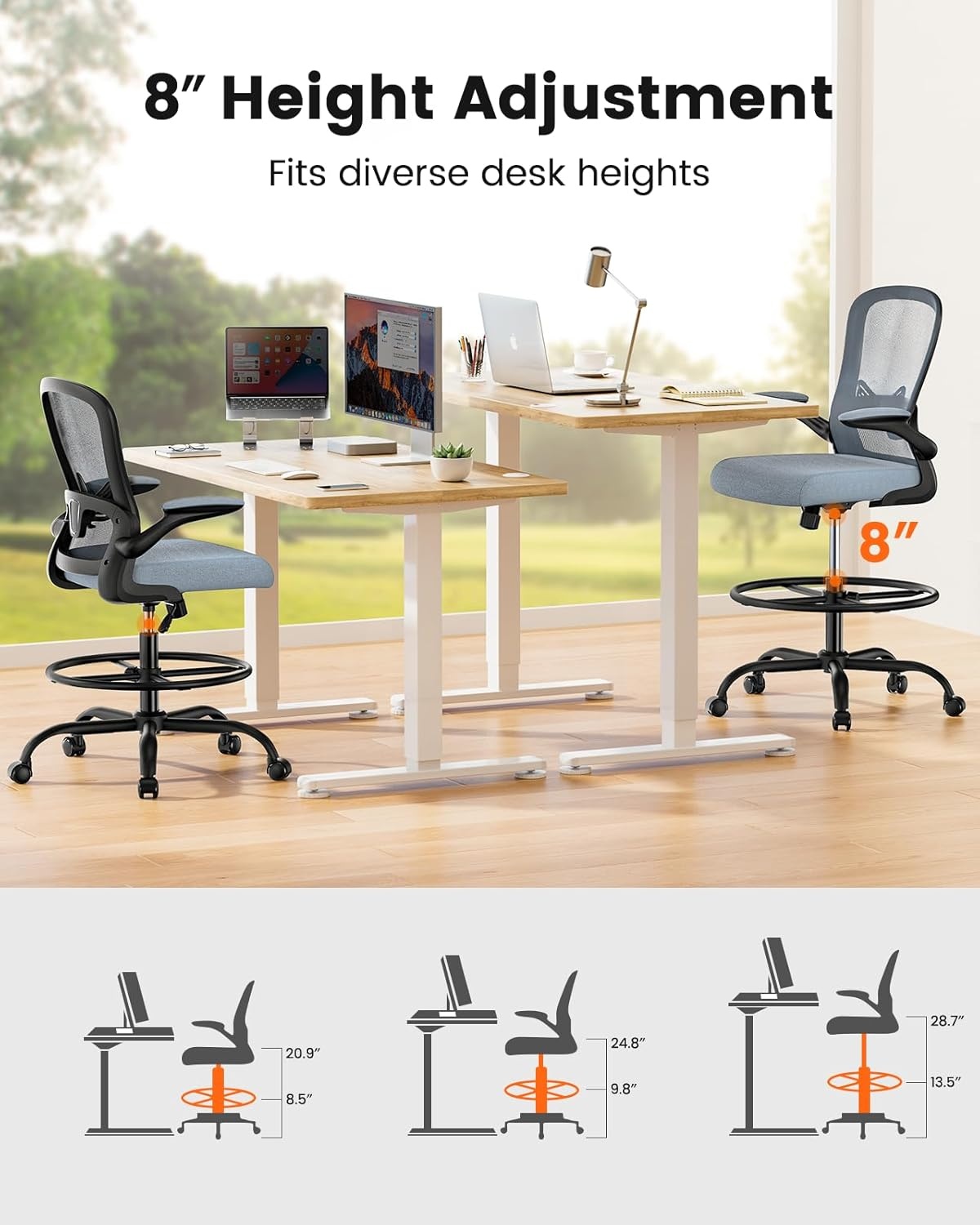 image:imageErGear Drafting Chair Standing Desk Chair with FlipUp Armrests High Desk Chair Adjustable Height Ergonomic Tall Office Chair with Lumbar Support and Adjustable Footrest RingBlue