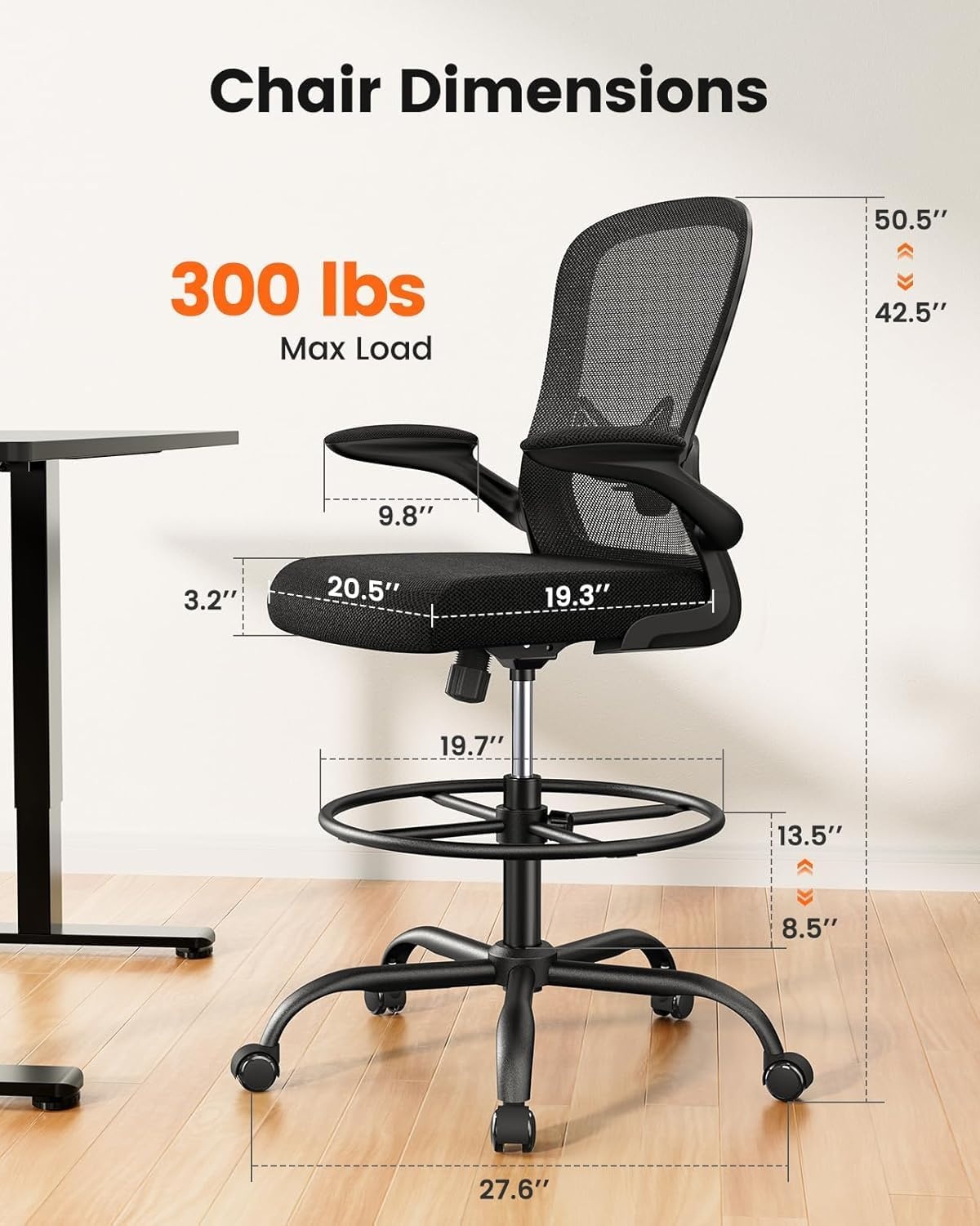 image:imageErGear Drafting Chair Standing Desk Chair with FlipUp Armrests High Desk Chair Adjustable Height Ergonomic Tall Office Chair with Lumbar Support and Adjustable Footrest RingBlack