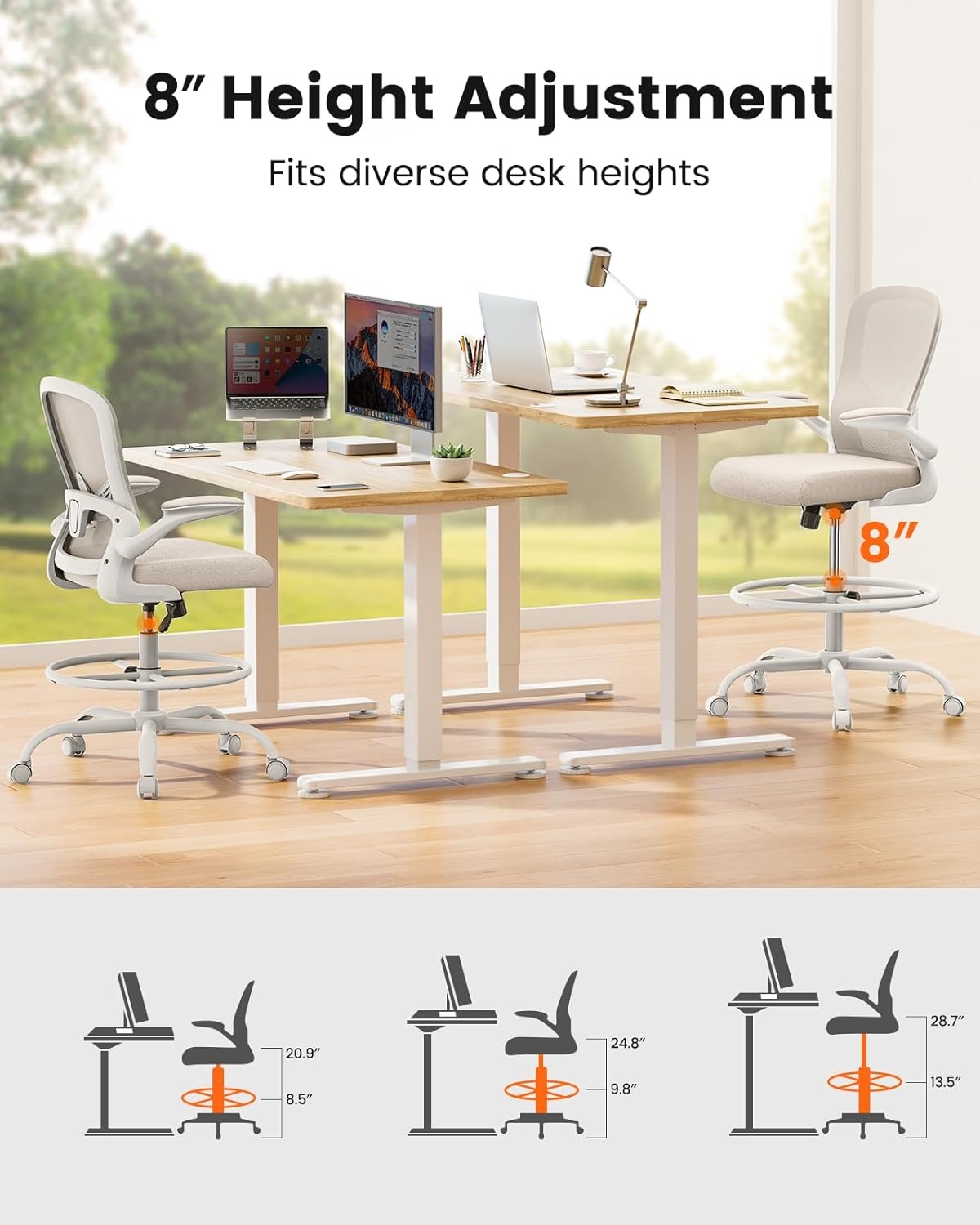 image:imageErGear Drafting Chair Standing Desk Chair with FlipUp Armrests High Desk Chair Adjustable Height Ergonomic Tall Office Chair with Lumbar Support and Adjustable Footrest RingKhaki