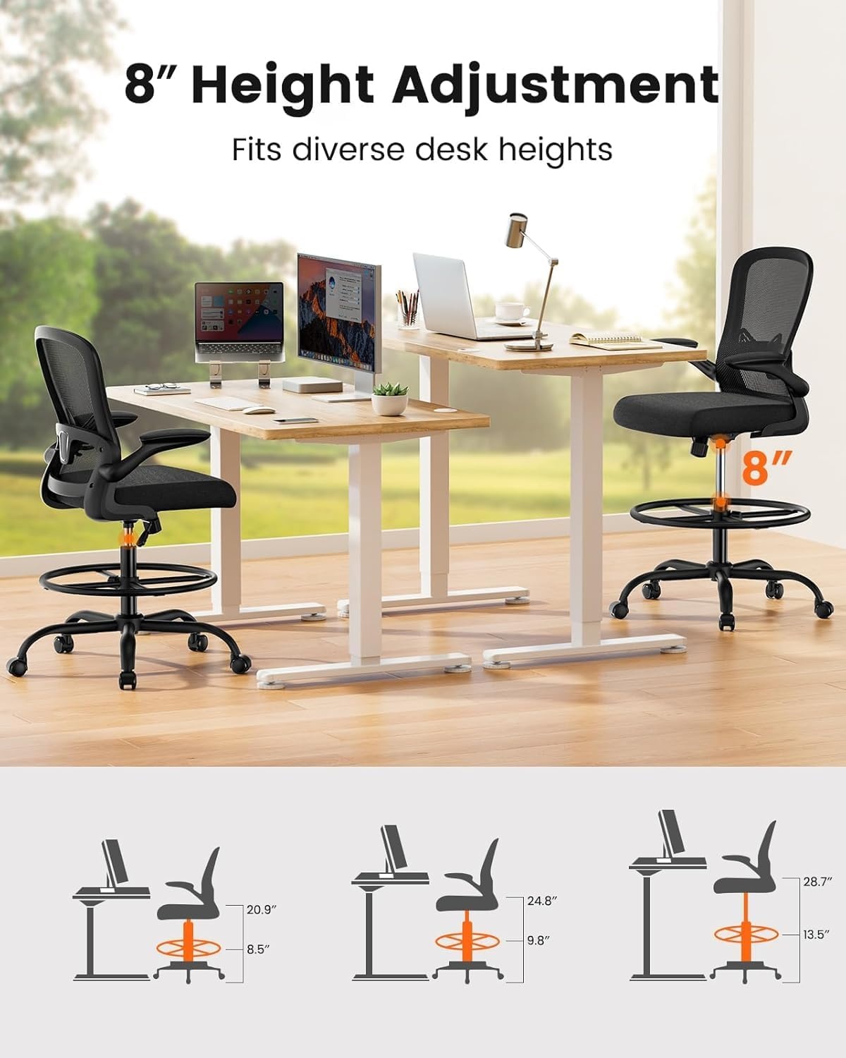 image:imageErGear Drafting Chair Standing Desk Chair with FlipUp Armrests High Desk Chair Adjustable Height Ergonomic Tall Office Chair with Lumbar Support and Adjustable Footrest RingBlack