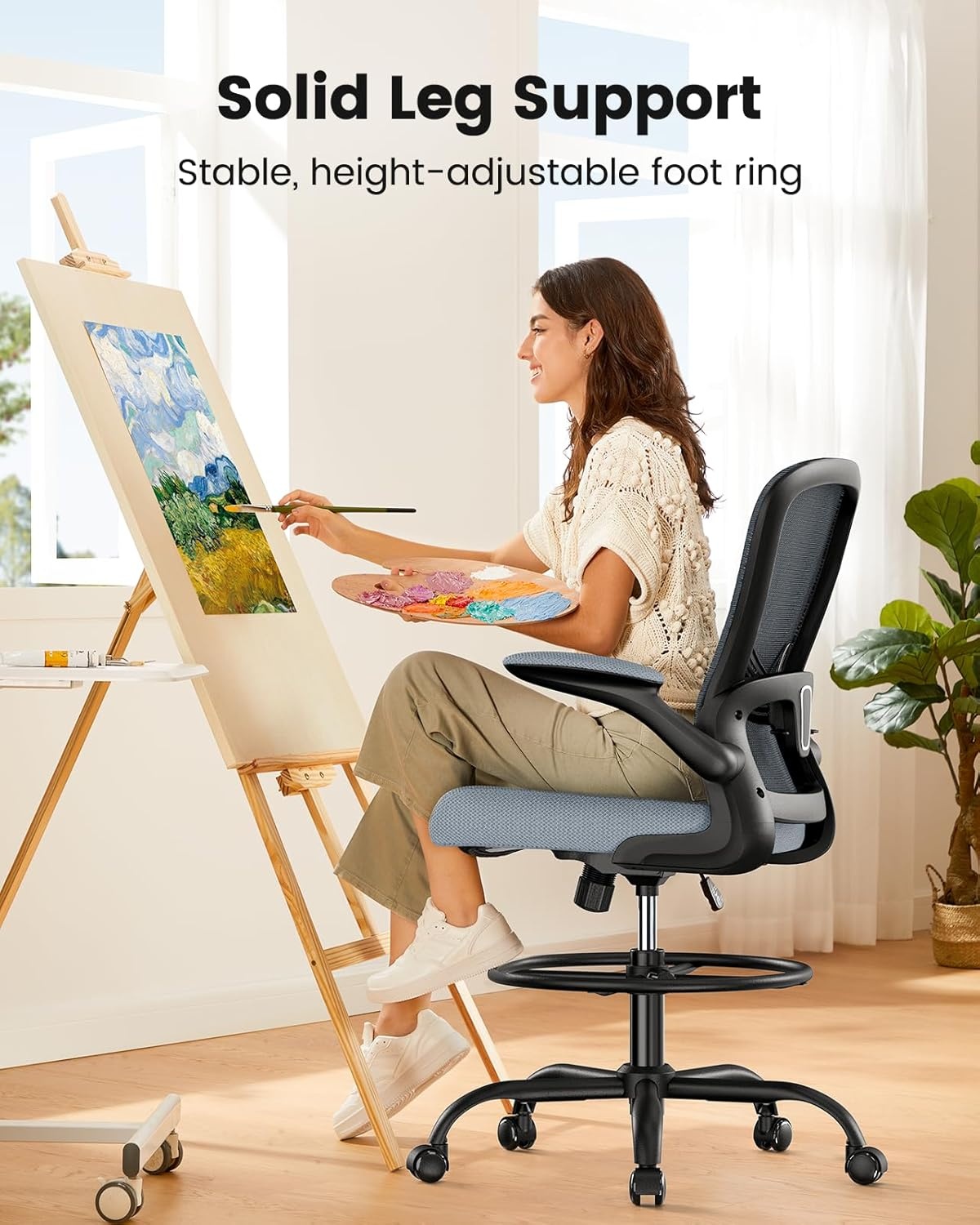 image:imageErGear Drafting Chair Standing Desk Chair with FlipUp Armrests High Desk Chair Adjustable Height Ergonomic Tall Office Chair with Lumbar Support and Adjustable Footrest RingBlue