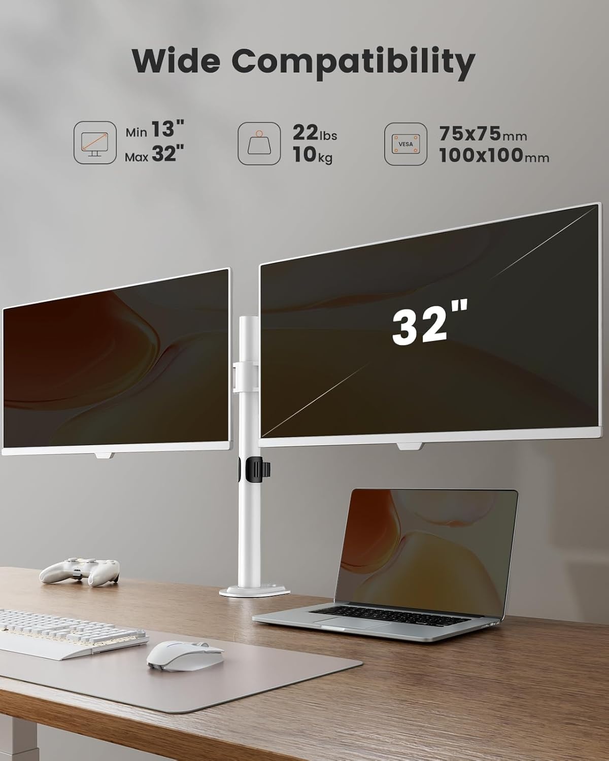 image:imageErGear Dual Monitor Desk Mount for 1334 Monitors up to 265 lbs Fully Adjustable Monitor Stand Holds 2 Computer Screens HeavyDuty Dual Monitor Arm with CClamp amp Grommet Base Black EGCM13BWhite