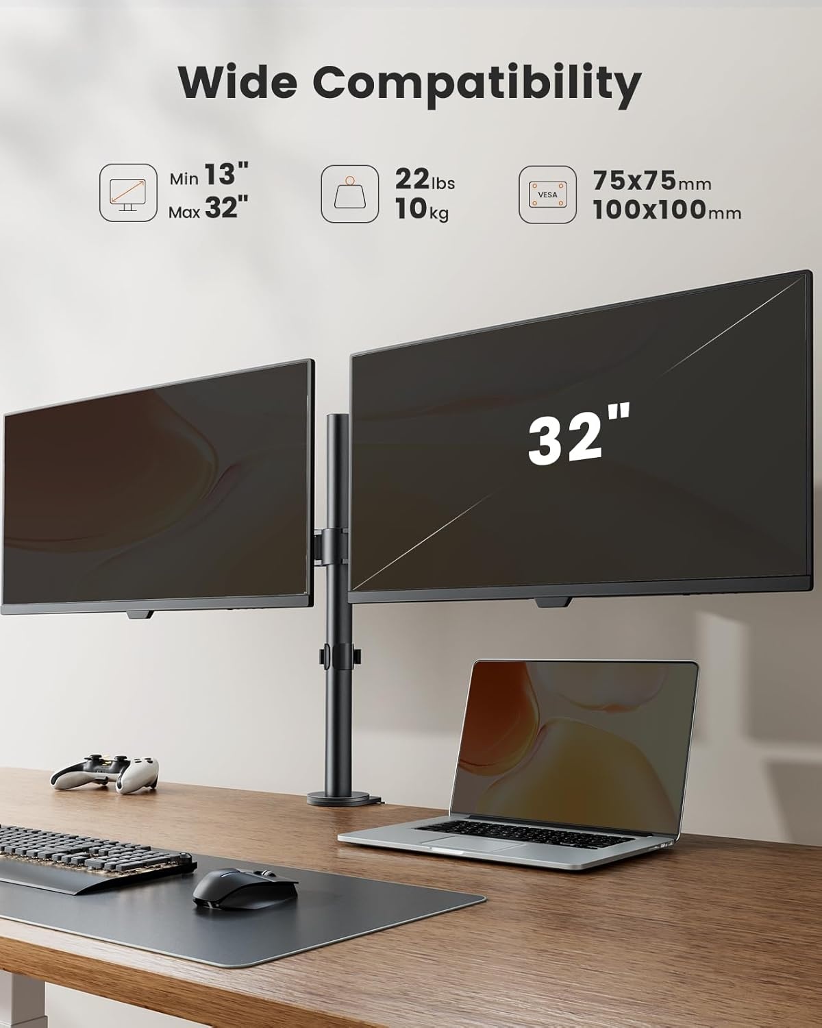 image:imageErGear Dual Monitor Desk Mount for 1334 Monitors up to 265 lbs Fully Adjustable Monitor Stand Holds 2 Computer Screens HeavyDuty Dual Monitor Arm with CClamp amp Grommet Base Black EGCM13BBlack