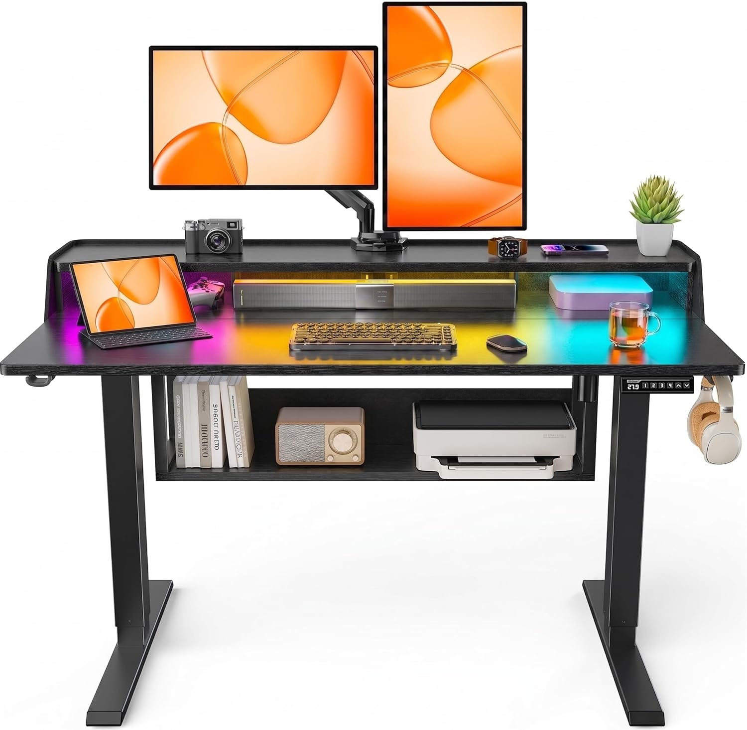 image:imageErGear Electric Standing Desk 48x24 Inch Adjustable Sit Stand Desk with Bookshelf amp Monitor Stand Standing Gaming Desk with LED Light Strip Stand Up Desk for Home Office Vintage BrownBlack