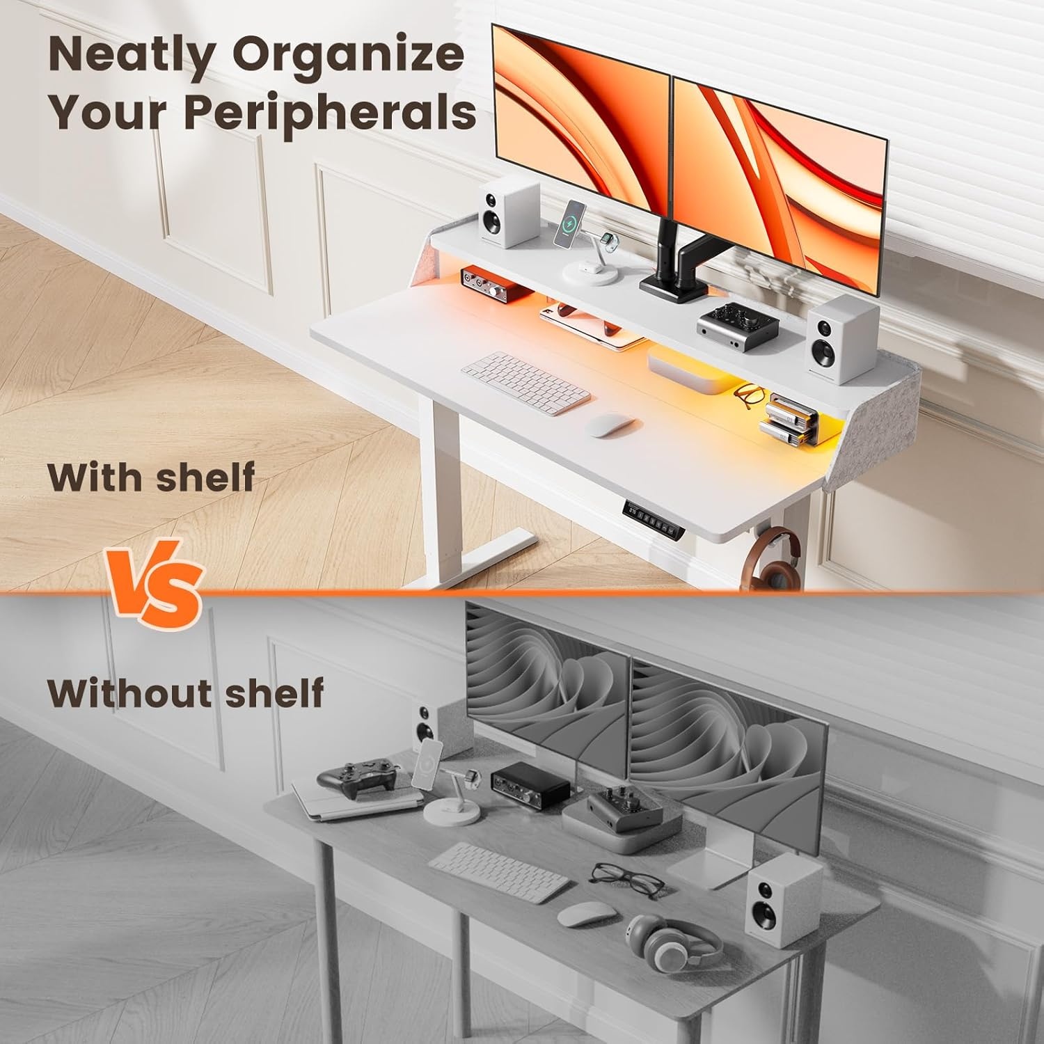 image:imageErGear Electric Standing Desk 48x24 Inch Adjustable Sit Stand Desk with Bookshelf amp Monitor Stand Standing Gaming Desk with LED Light Strip Stand Up Desk for Home Office Vintage BrownWhite