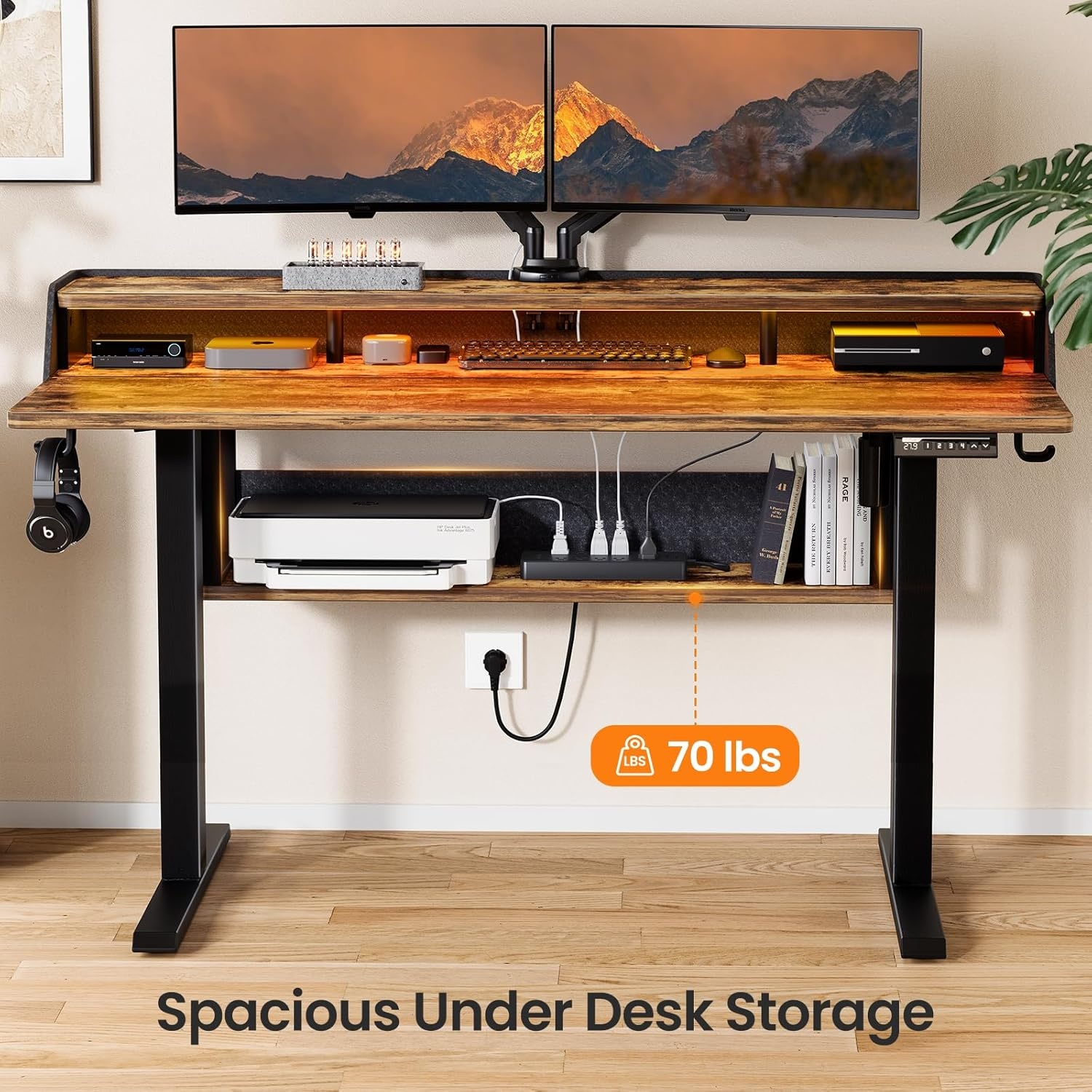 image:imageErGear Electric Standing Desk 48x24 Inch Adjustable Sit Stand Desk with Bookshelf amp Monitor Stand Standing Gaming Desk with LED Light Strip Stand Up Desk for Home Office Vintage BrownVintage Brown