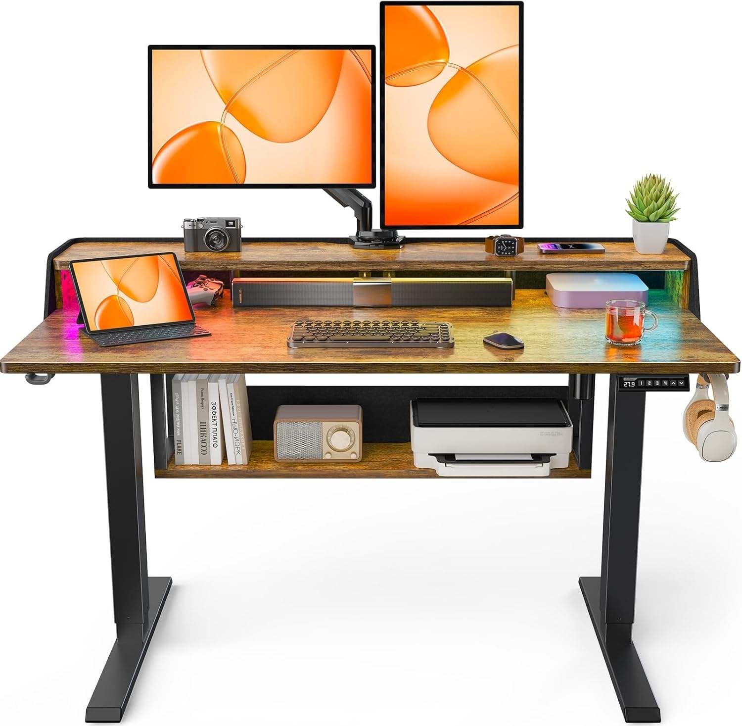 image:imageErGear Electric Standing Desk 48x24 Inch Adjustable Sit Stand Desk with Bookshelf amp Monitor Stand Standing Gaming Desk with LED Light Strip Stand Up Desk for Home Office Vintage BrownVintage Brown