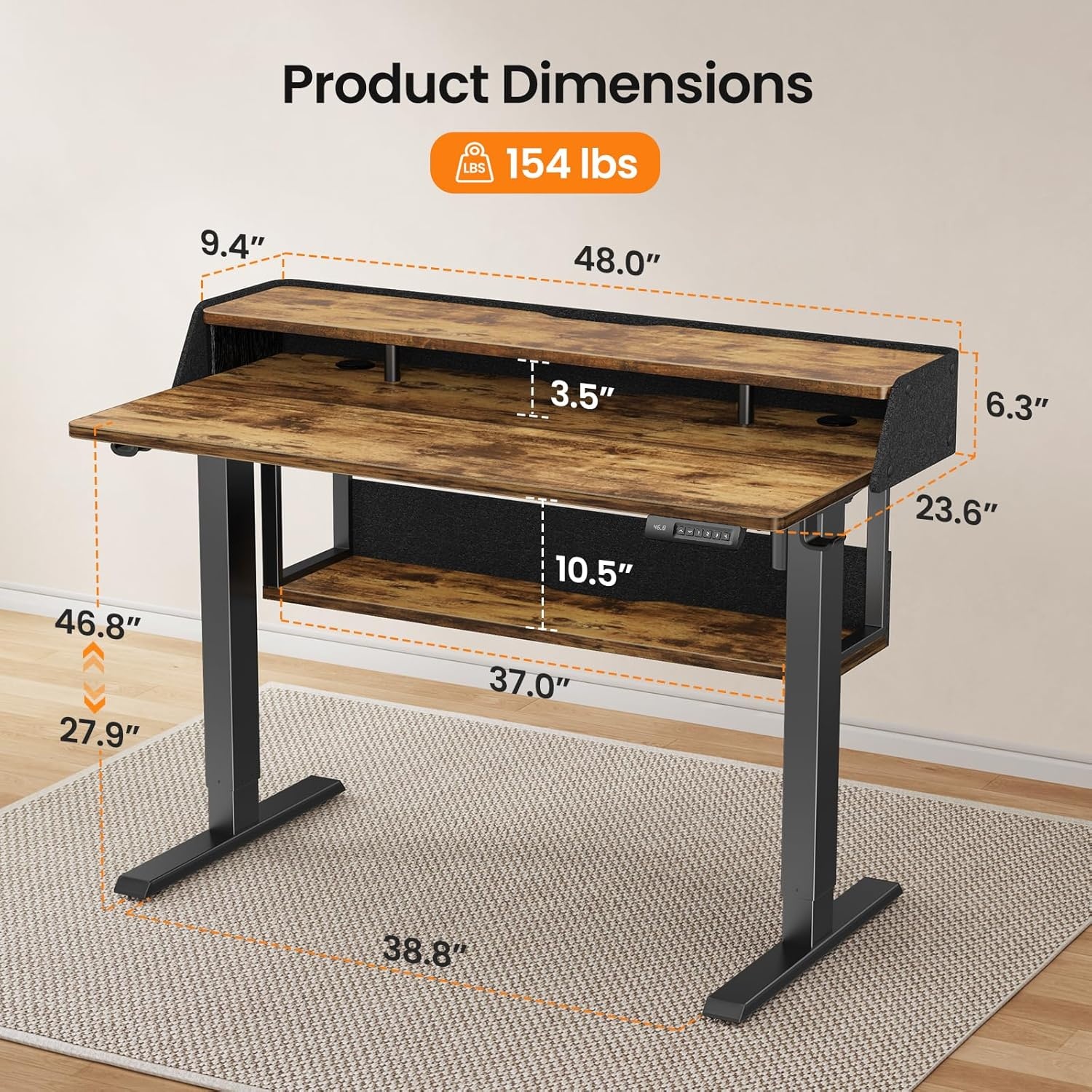 image:imageErGear Electric Standing Desk 48x24 Inch Adjustable Sit Stand Desk with Bookshelf amp Monitor Stand Standing Gaming Desk with LED Light Strip Stand Up Desk for Home Office Vintage BrownVintage Brown