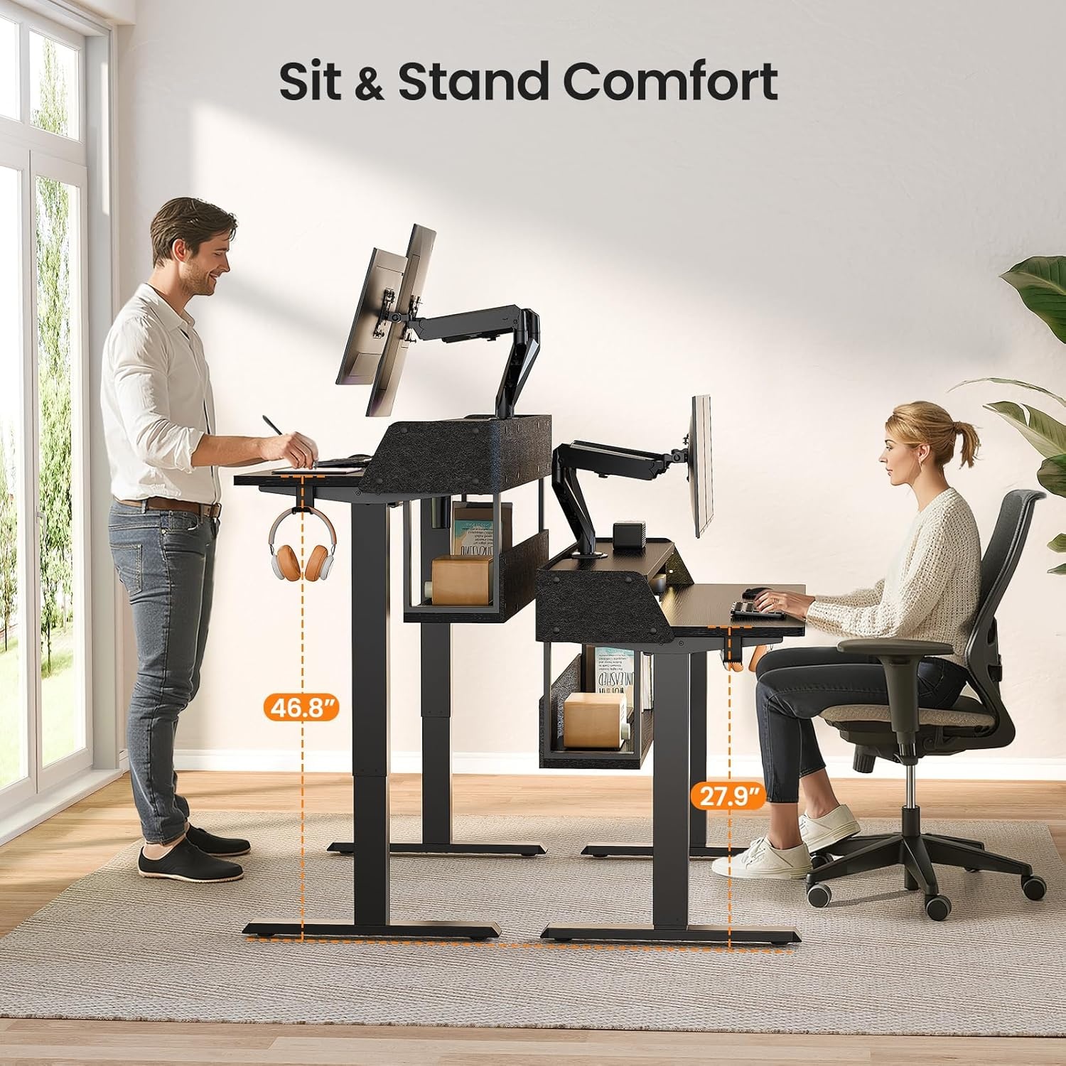 image:imageErGear Electric Standing Desk 48x24 Inch Adjustable Sit Stand Desk with Bookshelf amp Monitor Stand Standing Gaming Desk with LED Light Strip Stand Up Desk for Home Office Vintage BrownBlack