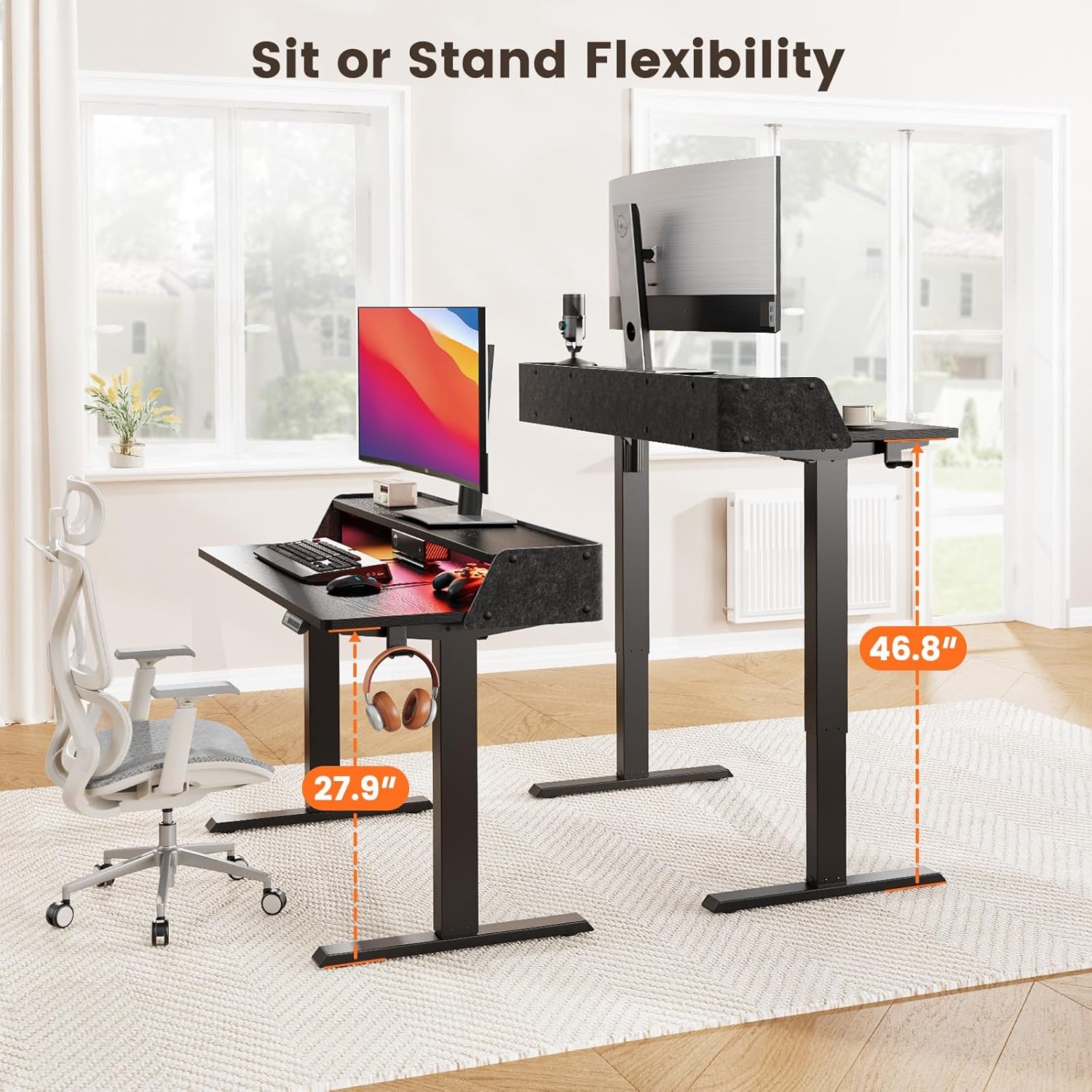 image:imageErGear Electric Standing Desk 48x24 Inch Adjustable Sit Stand Desk with Bookshelf amp Monitor Stand Standing Gaming Desk with LED Light Strip Stand Up Desk for Home Office Vintage BrownBlack