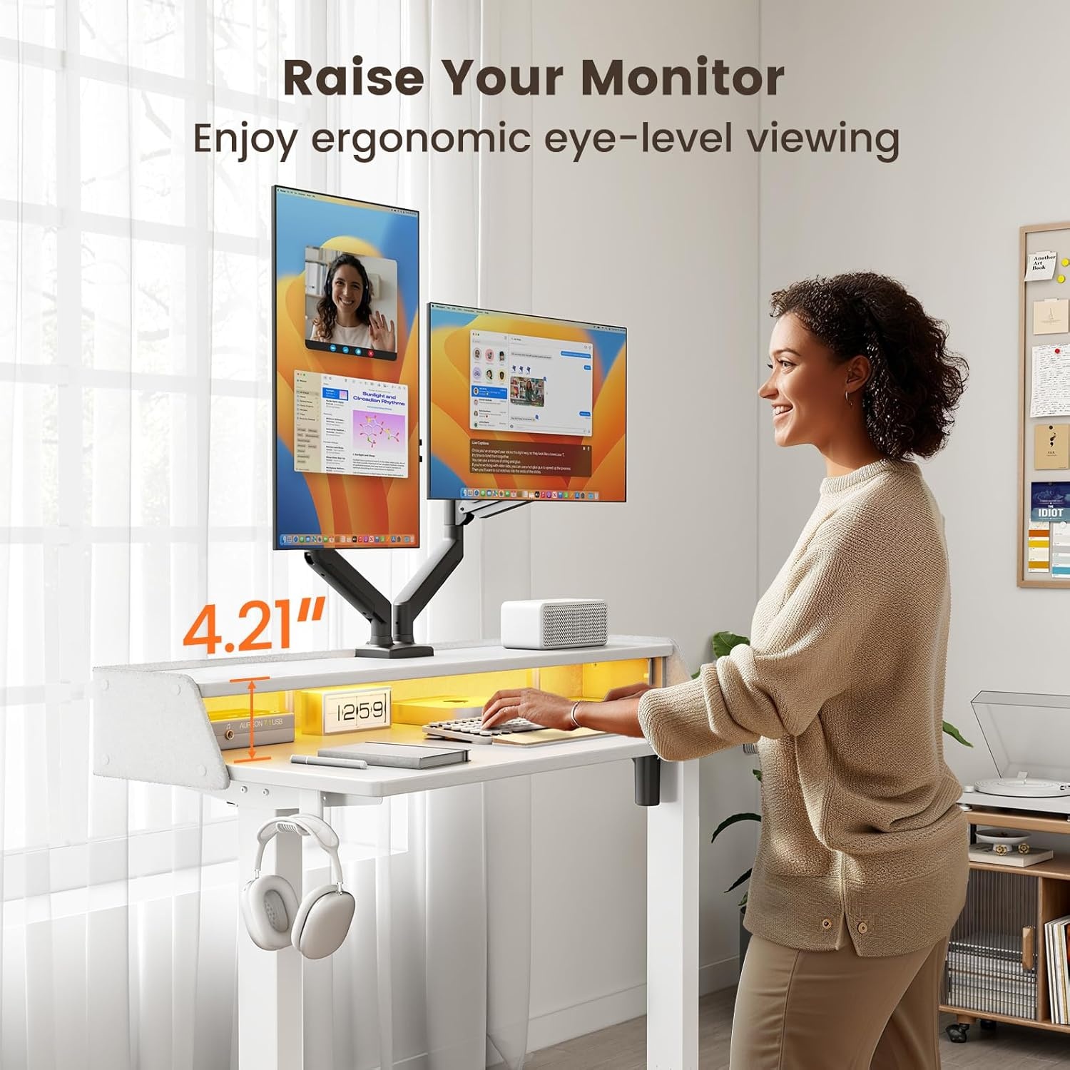 image:imageErGear Electric Standing Desk 48x24 Inch Adjustable Sit Stand Desk with Bookshelf amp Monitor Stand Standing Gaming Desk with LED Light Strip Stand Up Desk for Home Office Vintage BrownWhite