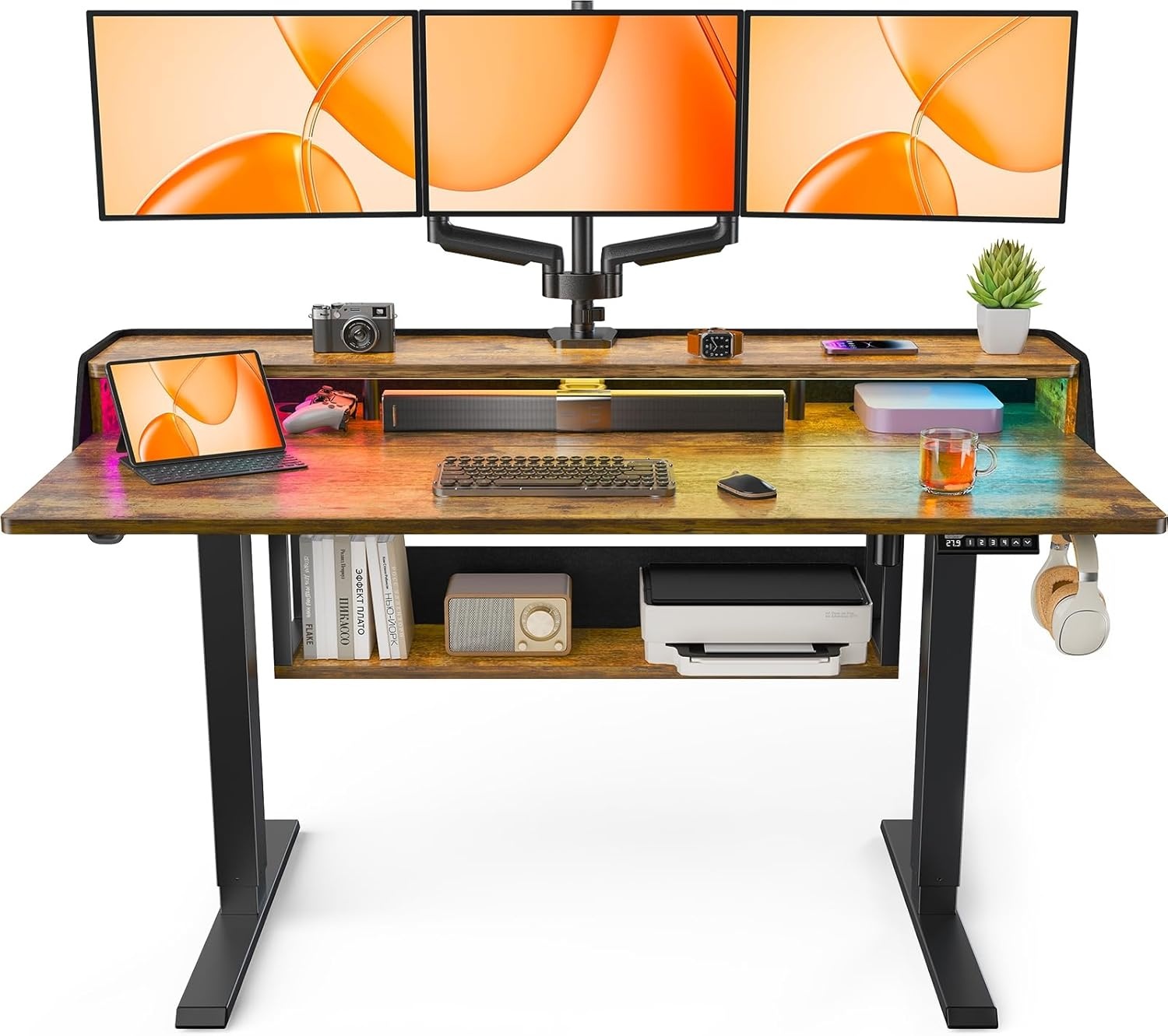 image:imageErGear Electric Standing Desk 48x24 Inch Adjustable Sit Stand Desk with Bookshelf amp Monitor Stand Standing Gaming Desk with LED Light Strip Stand Up Desk for Home Office Vintage BrownVintage Brown