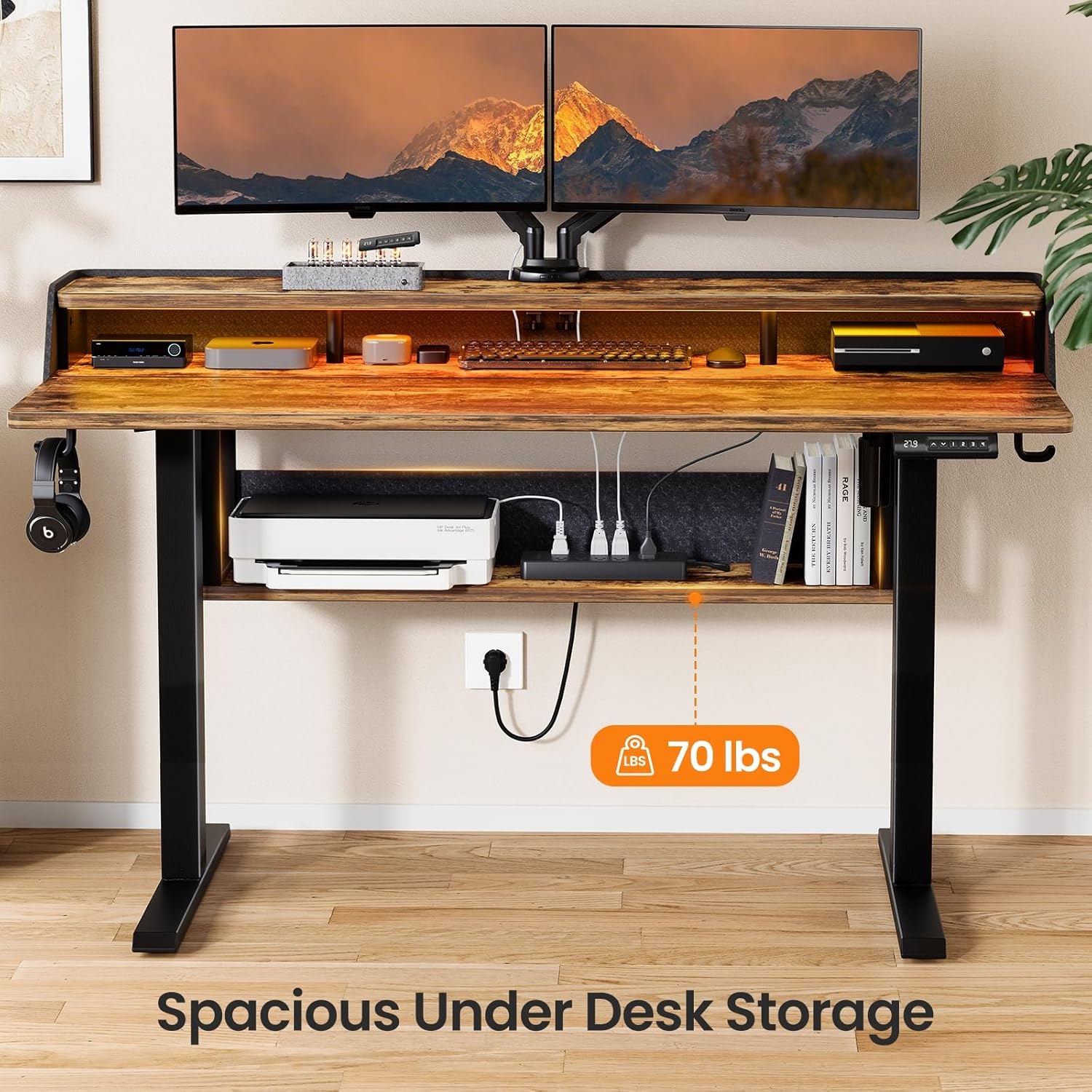 image:imageErGear Electric Standing Desk 48x24 Inch Adjustable Sit Stand Desk with Bookshelf amp Monitor Stand Standing Gaming Desk with LED Light Strip Stand Up Desk for Home Office Vintage BrownVintage Brown