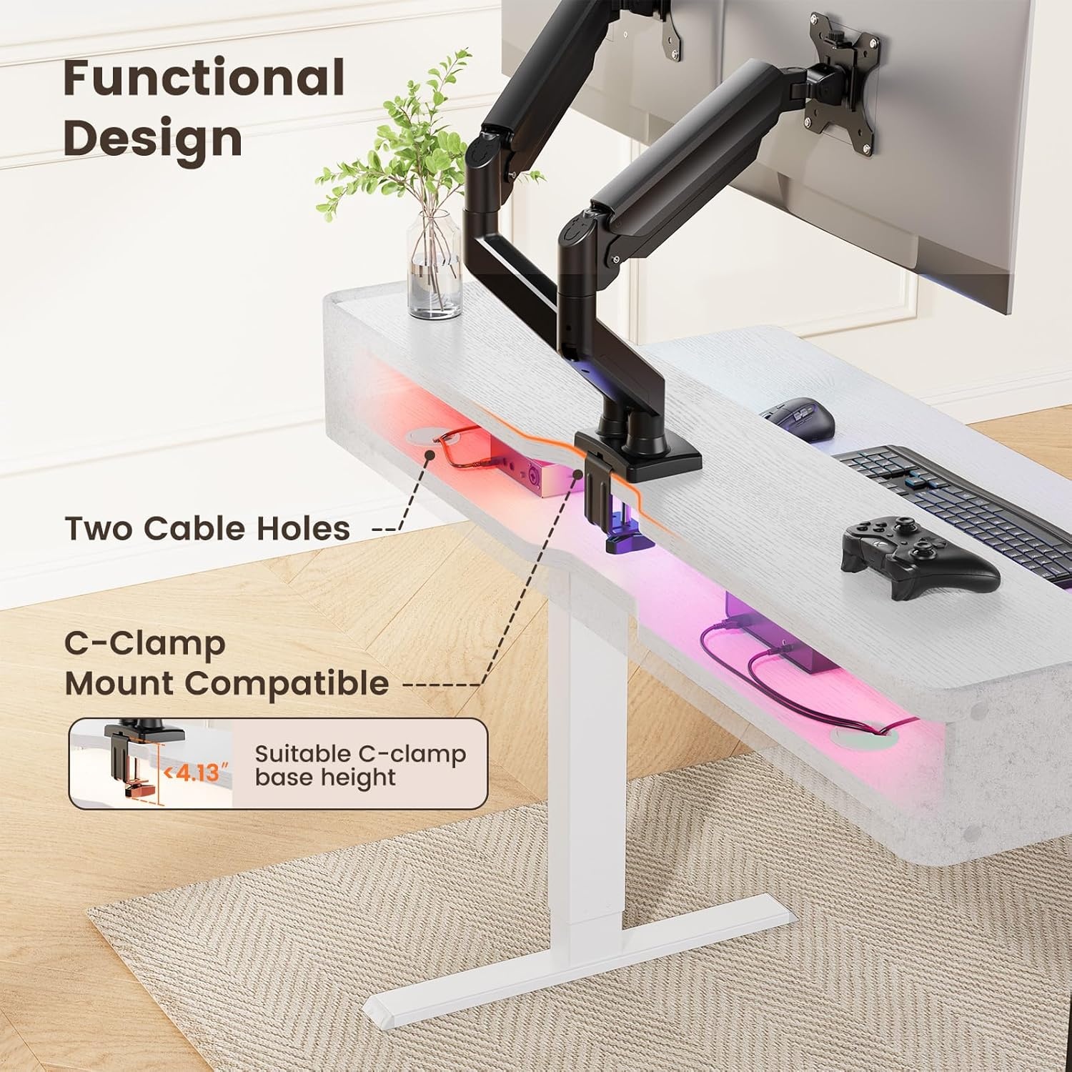 image:imageErGear Electric Standing Desk 48x24 Inch Adjustable Sit Stand Desk with Bookshelf amp Monitor Stand Standing Gaming Desk with LED Light Strip Stand Up Desk for Home Office Vintage BrownWhite