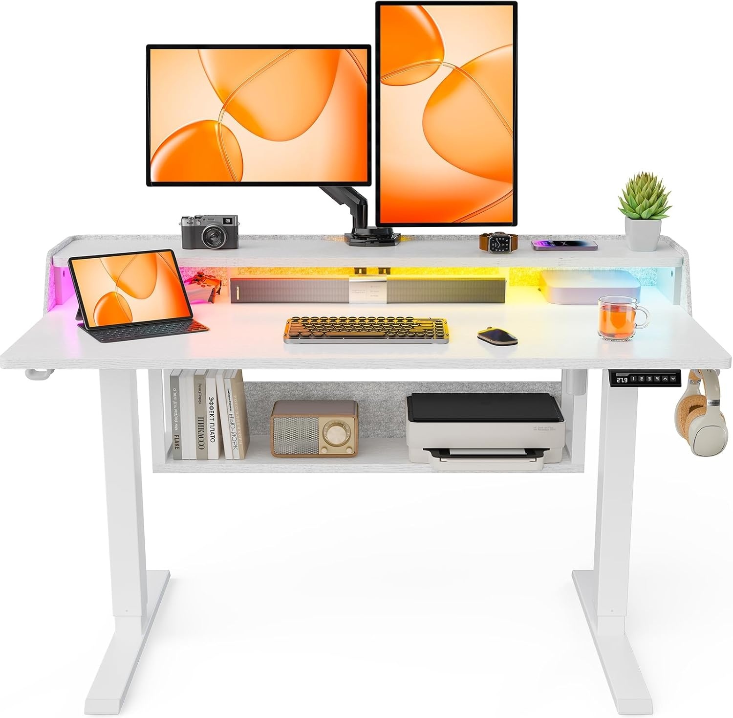 image:imageErGear Electric Standing Desk 48x24 Inch Adjustable Sit Stand Desk with Bookshelf amp Monitor Stand Standing Gaming Desk with LED Light Strip Stand Up Desk for Home Office Vintage BrownWhite