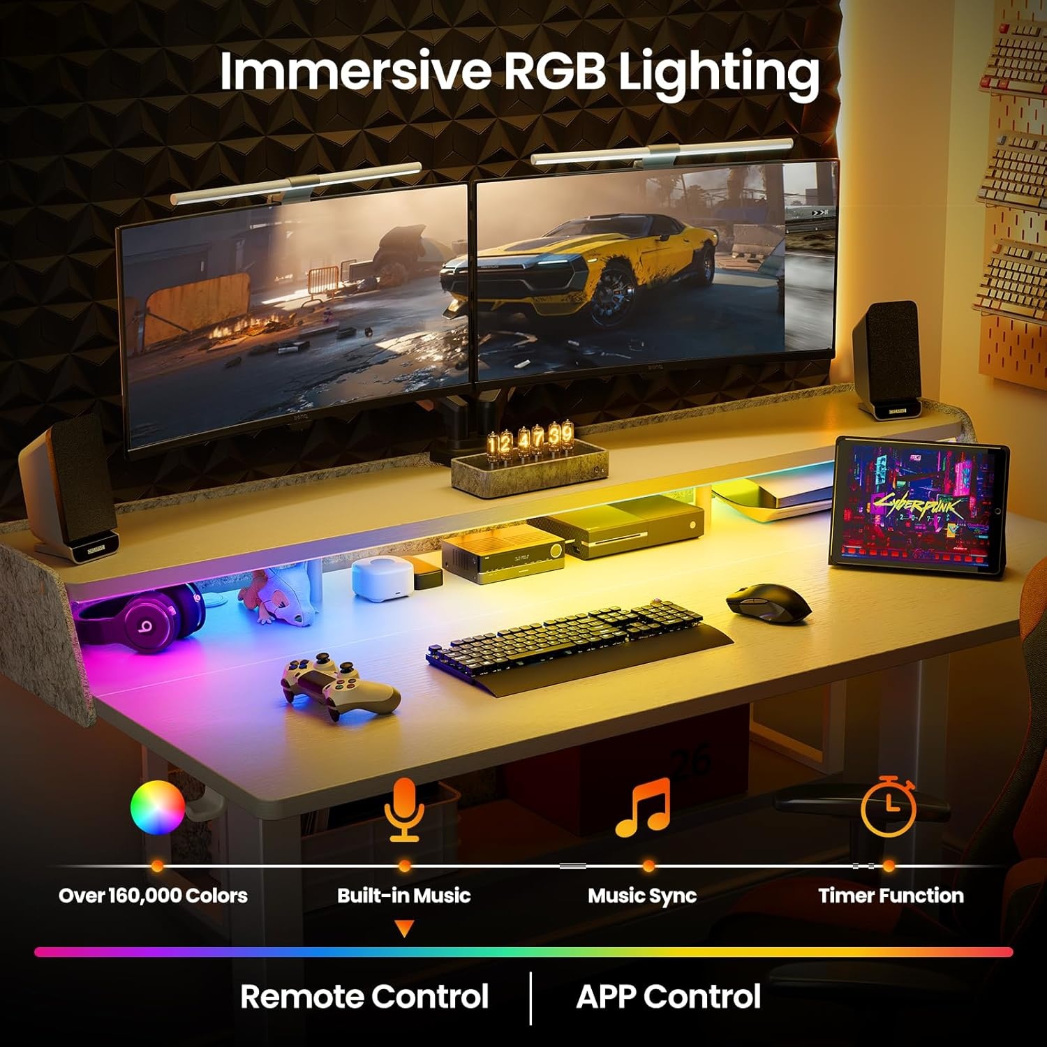 image:imageErGear Electric Standing Desk 48x24 Inch Adjustable Sit Stand Desk with Bookshelf amp Monitor Stand Standing Gaming Desk with LED Light Strip Stand Up Desk for Home Office Vintage BrownWhite