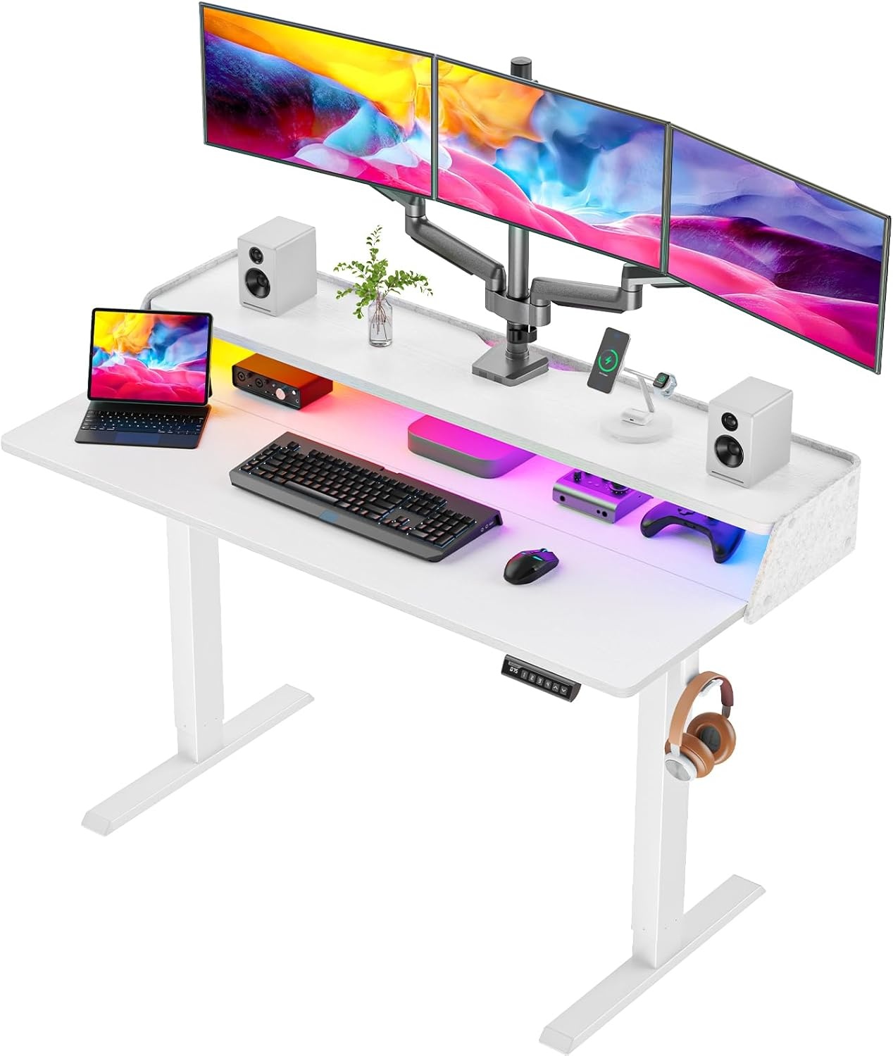 image:imageErGear Electric Standing Desk 48x24 Inch Adjustable Sit Stand Desk with Bookshelf amp Monitor Stand Standing Gaming Desk with LED Light Strip Stand Up Desk for Home Office Vintage BrownWhite