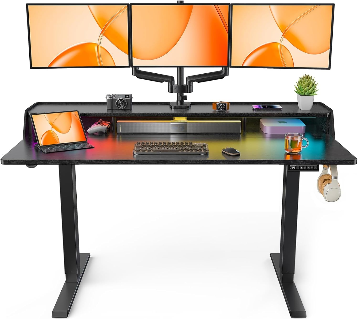 image:imageErGear Electric Standing Desk 48x24 Inch Adjustable Sit Stand Desk with Bookshelf amp Monitor Stand Standing Gaming Desk with LED Light Strip Stand Up Desk for Home Office Vintage BrownBlack