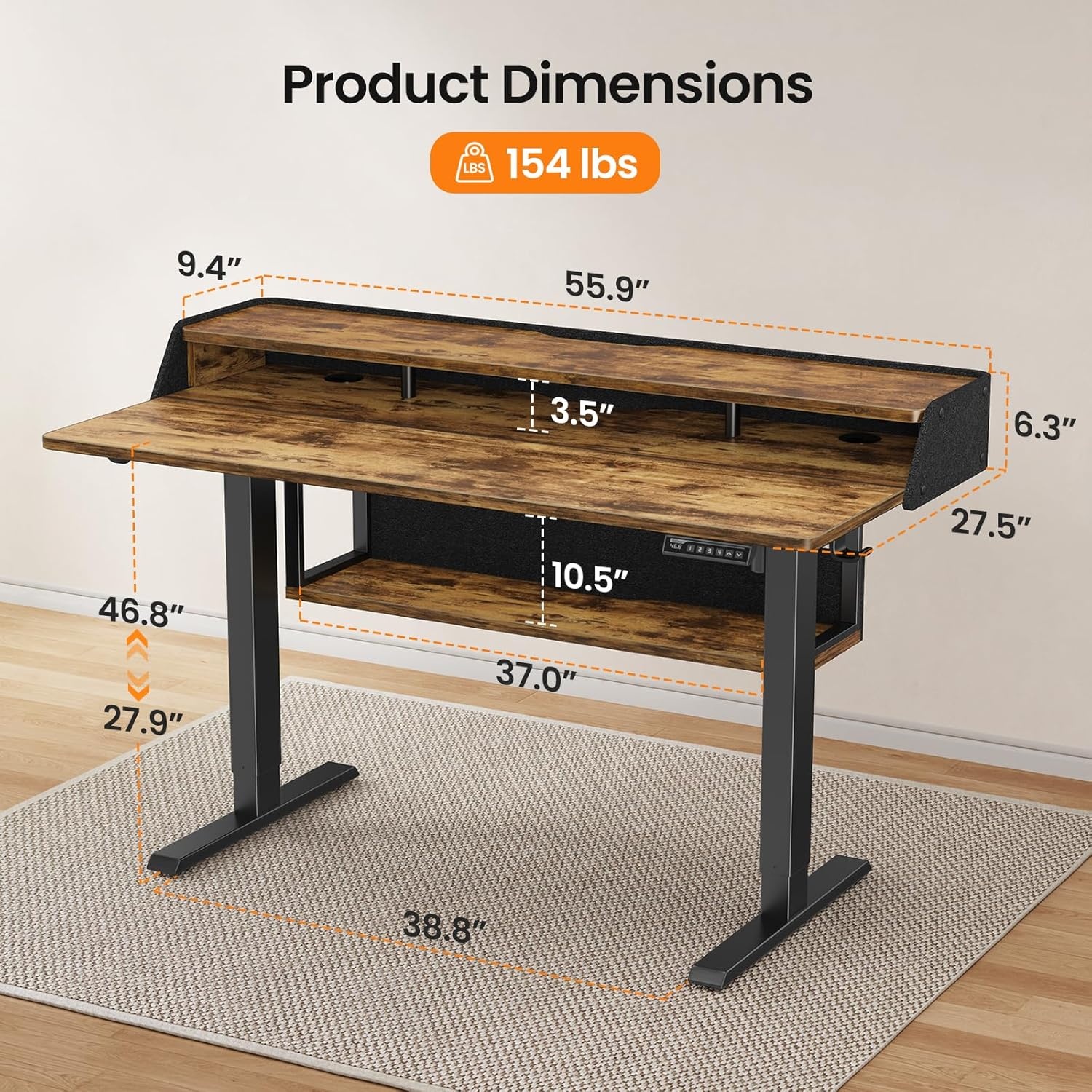 image:imageErGear Electric Standing Desk 48x24 Inch Adjustable Sit Stand Desk with Bookshelf amp Monitor Stand Standing Gaming Desk with LED Light Strip Stand Up Desk for Home Office Vintage BrownVintage Brown