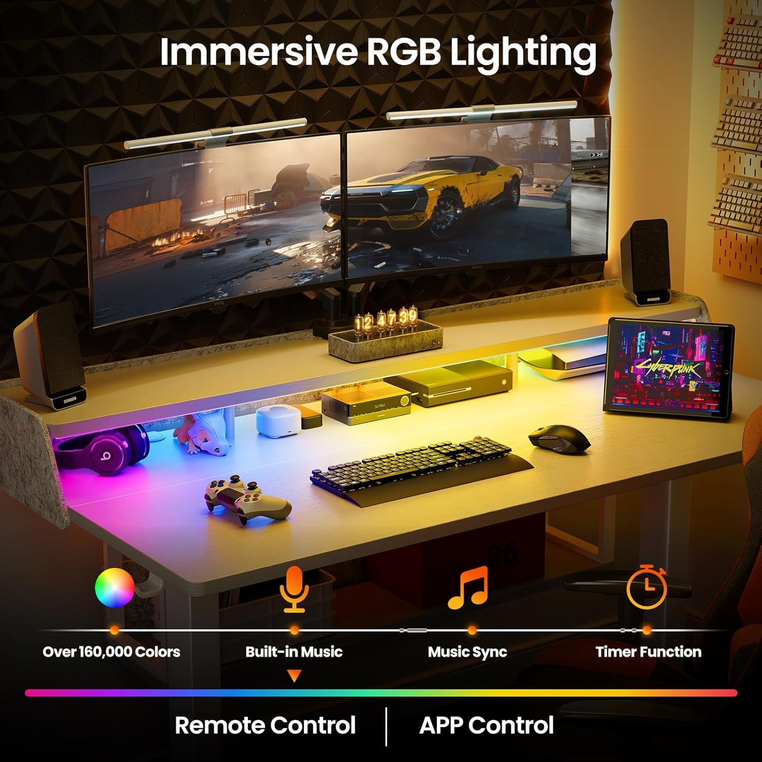 image:imageErGear Electric Standing Desk 48x24 Inch Adjustable Sit Stand Desk with Bookshelf amp Monitor Stand Standing Gaming Desk with LED Light Strip Stand Up Desk for Home Office Vintage BrownWhite