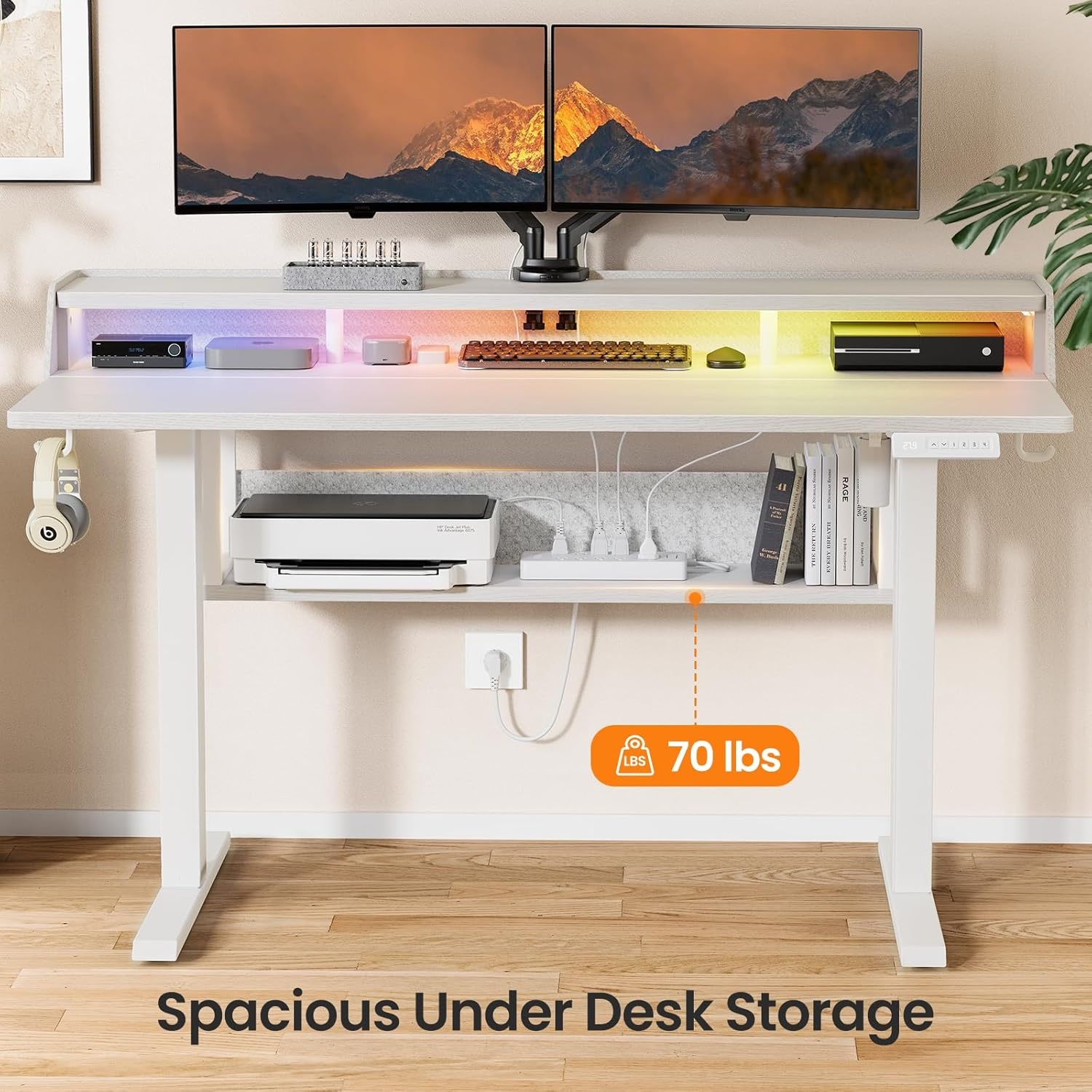 image:imageErGear Electric Standing Desk 48x24 Inch Adjustable Sit Stand Desk with Bookshelf amp Monitor Stand Standing Gaming Desk with LED Light Strip Stand Up Desk for Home Office Vintage BrownWhite