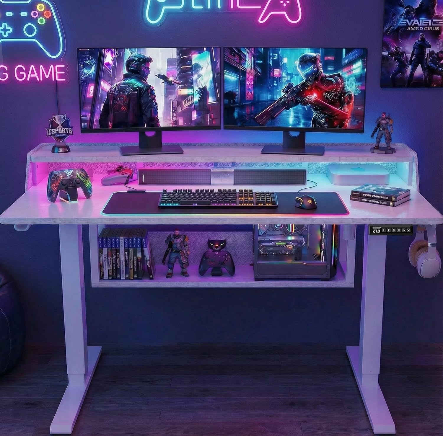 image:imageErGear Electric Standing Desk 48x24 Inch Adjustable Sit Stand Desk with Bookshelf amp Monitor Stand Standing Gaming Desk with LED Light Strip Stand Up Desk for Home Office Vintage BrownWhite