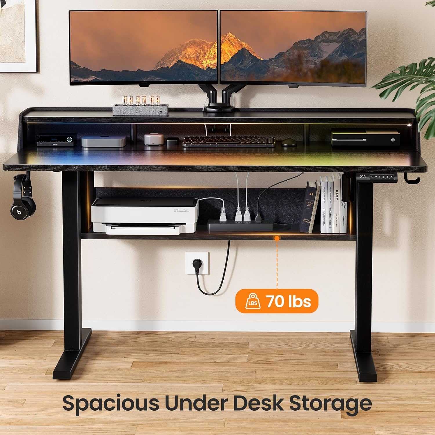 image:imageErGear Electric Standing Desk 48x24 Inch Adjustable Sit Stand Desk with Bookshelf amp Monitor Stand Standing Gaming Desk with LED Light Strip Stand Up Desk for Home Office Vintage BrownBlack