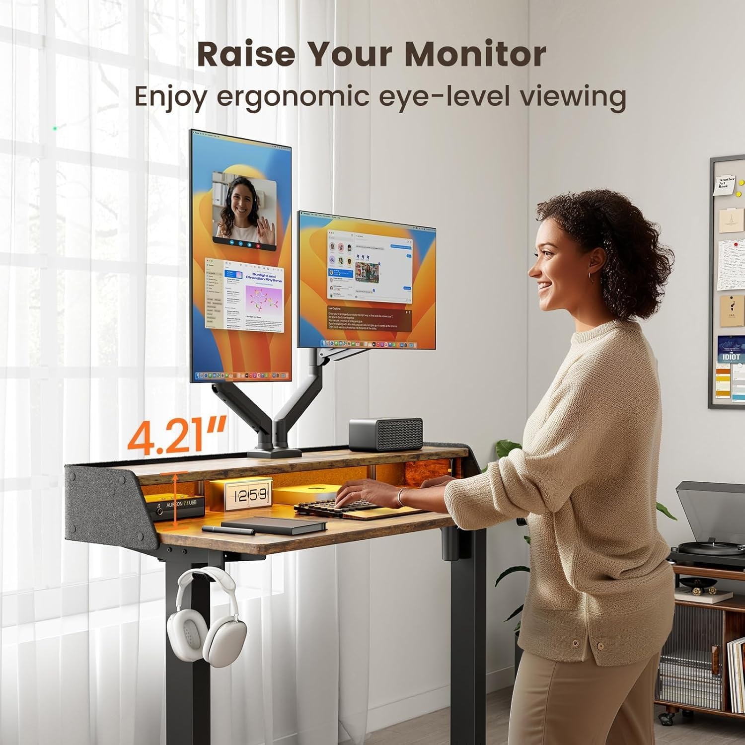 image:imageErGear Electric Standing Desk 48x24 Inch Adjustable Sit Stand Desk with Bookshelf amp Monitor Stand Standing Gaming Desk with LED Light Strip Stand Up Desk for Home Office Vintage BrownVintage Brown