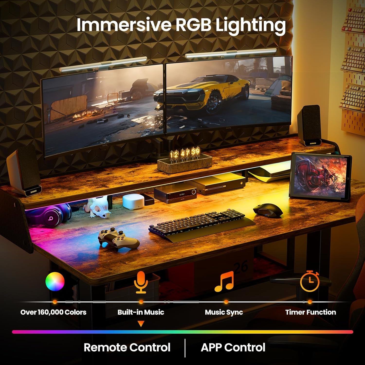 image:imageErGear Electric Standing Desk 48x24 Inch Adjustable Sit Stand Desk with Bookshelf amp Monitor Stand Standing Gaming Desk with LED Light Strip Stand Up Desk for Home Office Vintage BrownVintage Brown