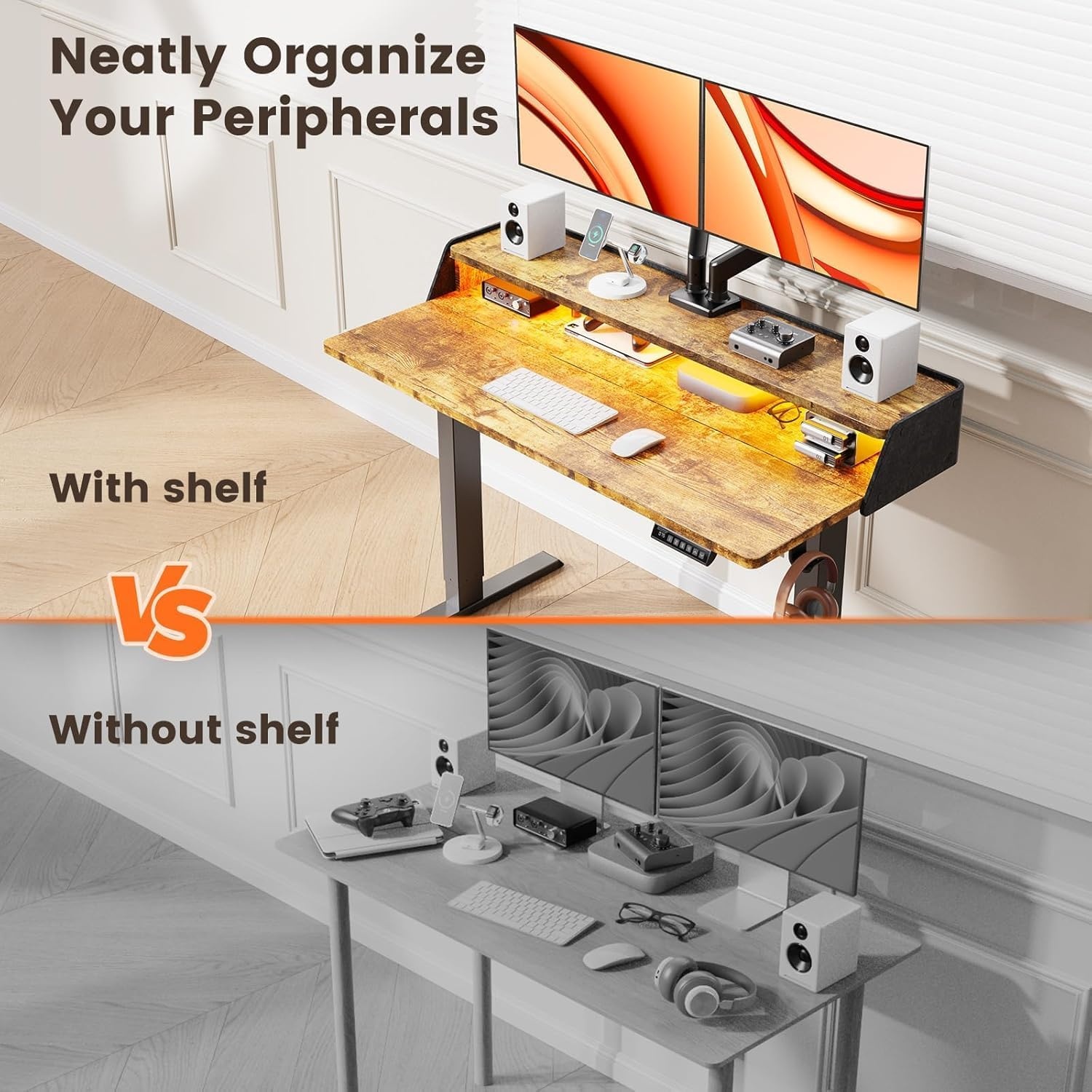 image:imageErGear Electric Standing Desk 48x24 Inch Adjustable Sit Stand Desk with Bookshelf amp Monitor Stand Standing Gaming Desk with LED Light Strip Stand Up Desk for Home Office Vintage BrownVintage Brown
