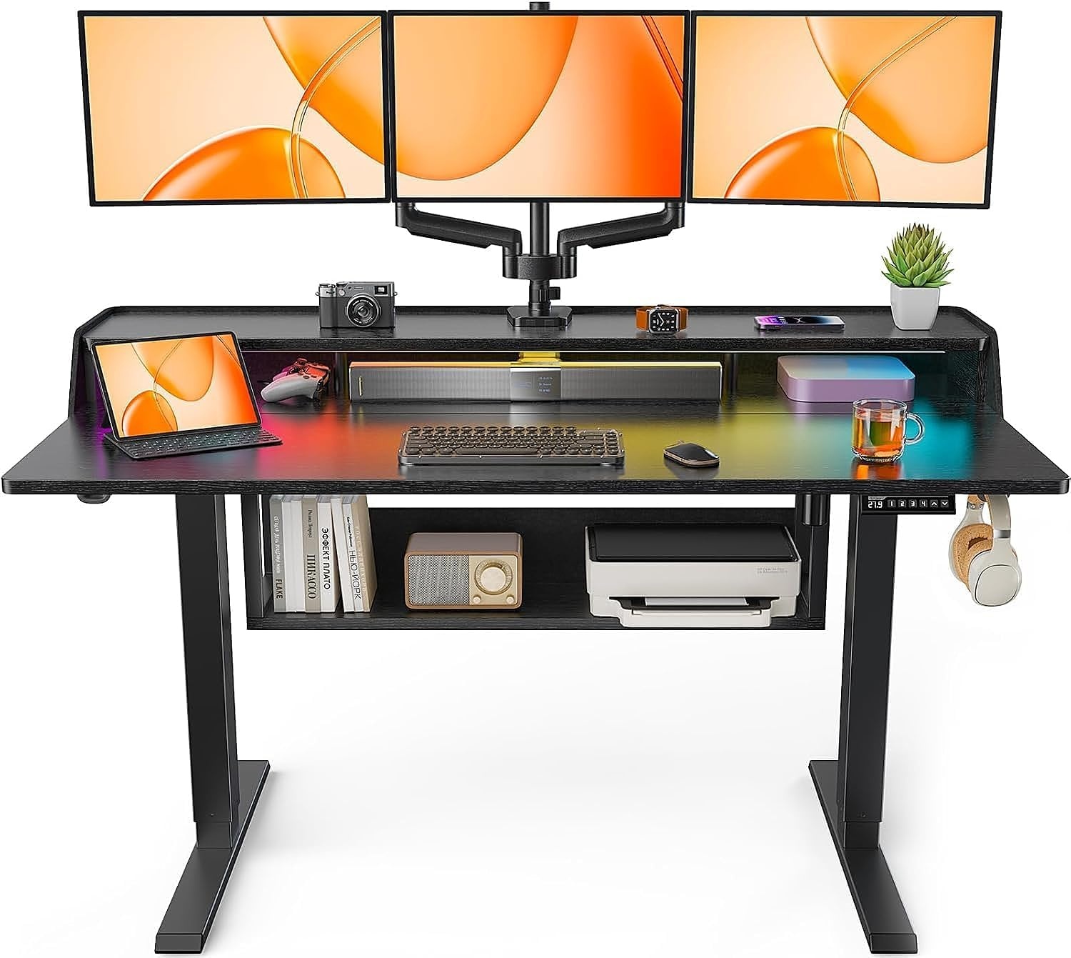 image:imageErGear Electric Standing Desk 48x24 Inch Adjustable Sit Stand Desk with Bookshelf amp Monitor Stand Standing Gaming Desk with LED Light Strip Stand Up Desk for Home Office Vintage BrownBlack