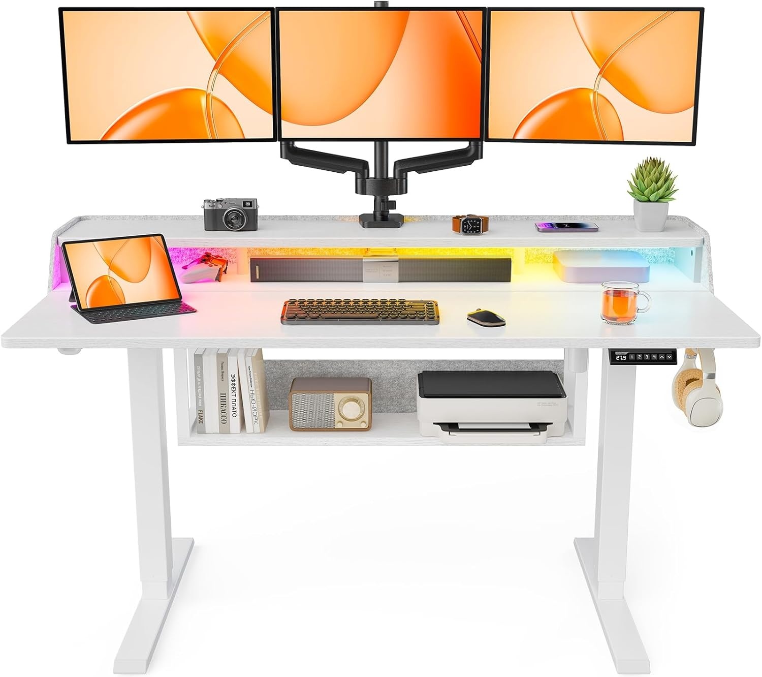 image:imageErGear Electric Standing Desk 48x24 Inch Adjustable Sit Stand Desk with Bookshelf amp Monitor Stand Standing Gaming Desk with LED Light Strip Stand Up Desk for Home Office Vintage BrownWhite