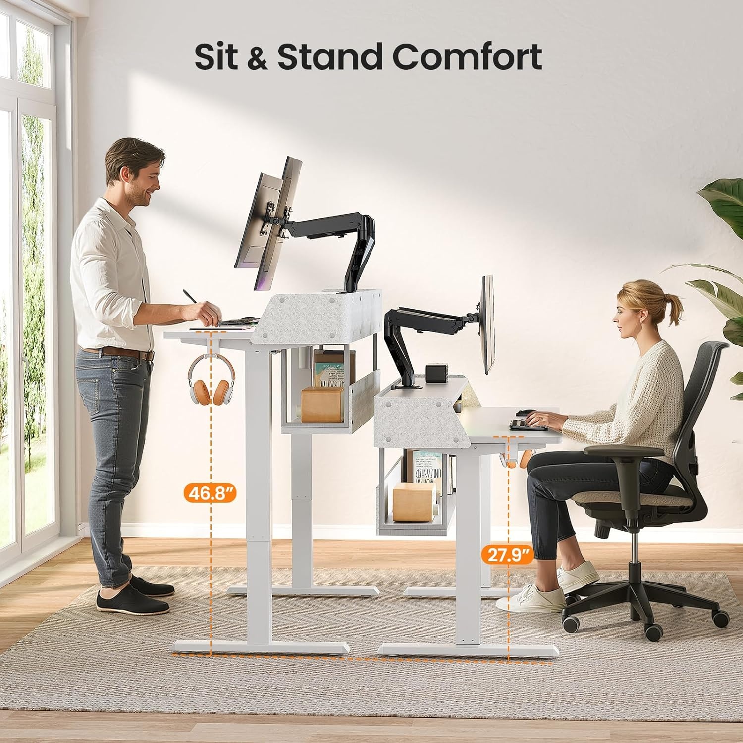 image:imageErGear Electric Standing Desk 48x24 Inch Adjustable Sit Stand Desk with Bookshelf amp Monitor Stand Standing Gaming Desk with LED Light Strip Stand Up Desk for Home Office Vintage BrownWhite