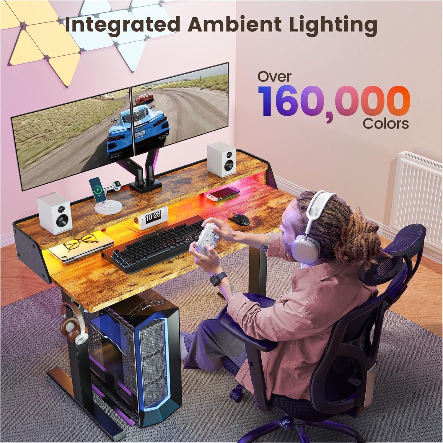 image:imageErGear Electric Standing Desk 48x24 Inch Adjustable Sit Stand Desk with Bookshelf amp Monitor Stand Standing Gaming Desk with LED Light Strip Stand Up Desk for Home Office Vintage BrownVintage Brown