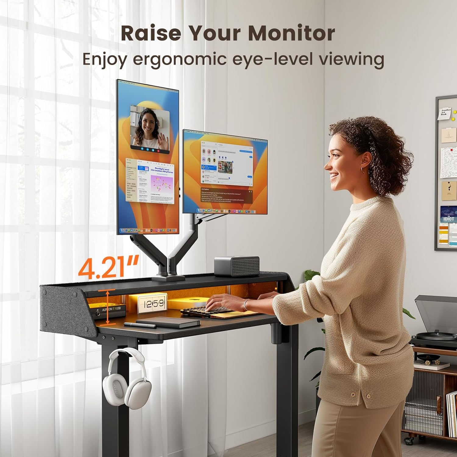 image:imageErGear Electric Standing Desk 48x24 Inch Adjustable Sit Stand Desk with Bookshelf amp Monitor Stand Standing Gaming Desk with LED Light Strip Stand Up Desk for Home Office Vintage BrownBlack