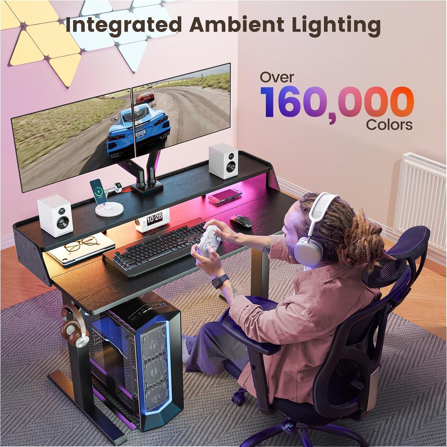 image:imageErGear Electric Standing Desk 48x24 Inch Adjustable Sit Stand Desk with Bookshelf amp Monitor Stand Standing Gaming Desk with LED Light Strip Stand Up Desk for Home Office Vintage BrownBlack