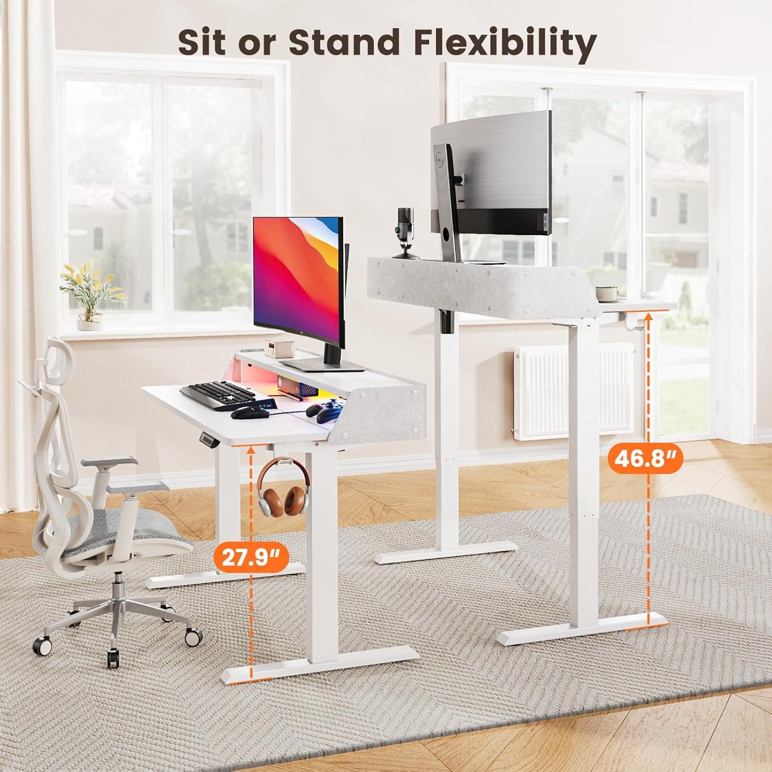 image:imageErGear Electric Standing Desk 48x24 Inch Adjustable Sit Stand Desk with Bookshelf amp Monitor Stand Standing Gaming Desk with LED Light Strip Stand Up Desk for Home Office Vintage BrownWhite