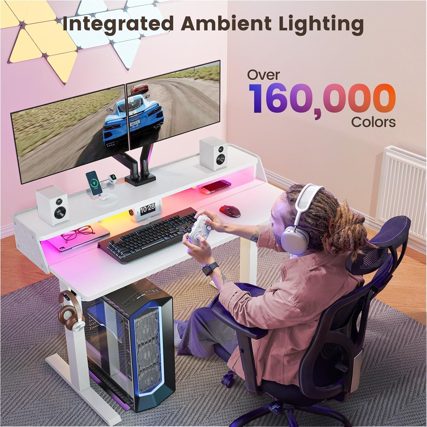 image:imageErGear Electric Standing Desk 48x24 Inch Adjustable Sit Stand Desk with Bookshelf amp Monitor Stand Standing Gaming Desk with LED Light Strip Stand Up Desk for Home Office Vintage BrownWhite