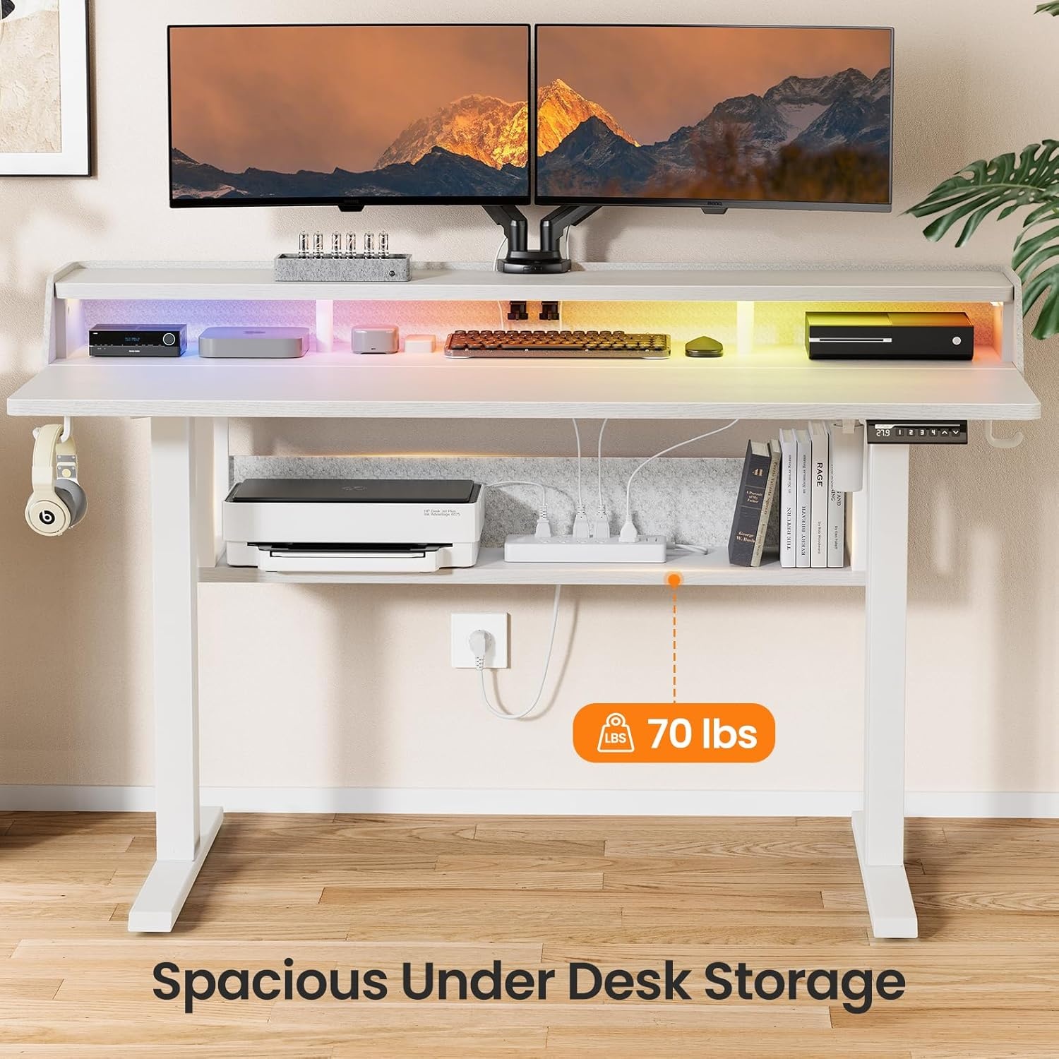 image:imageErGear Electric Standing Desk 48x24 Inch Adjustable Sit Stand Desk with Bookshelf amp Monitor Stand Standing Gaming Desk with LED Light Strip Stand Up Desk for Home Office Vintage BrownWhite