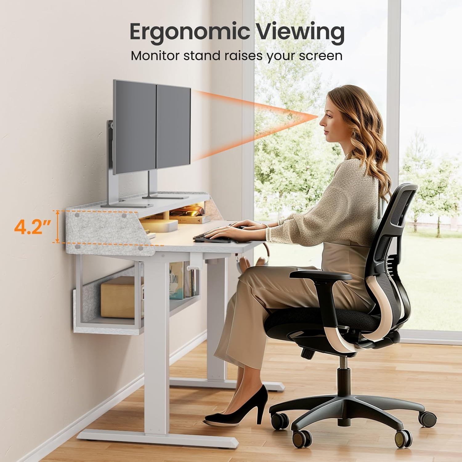 image:imageErGear Electric Standing Desk 48x24 Inch Adjustable Sit Stand Desk with Bookshelf amp Monitor Stand Standing Gaming Desk with LED Light Strip Stand Up Desk for Home Office Vintage BrownWhite