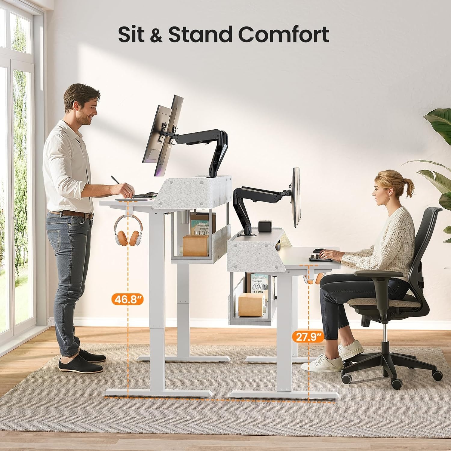 image:imageErGear Electric Standing Desk 48x24 Inch Adjustable Sit Stand Desk with Bookshelf amp Monitor Stand Standing Gaming Desk with LED Light Strip Stand Up Desk for Home Office Vintage BrownWhite